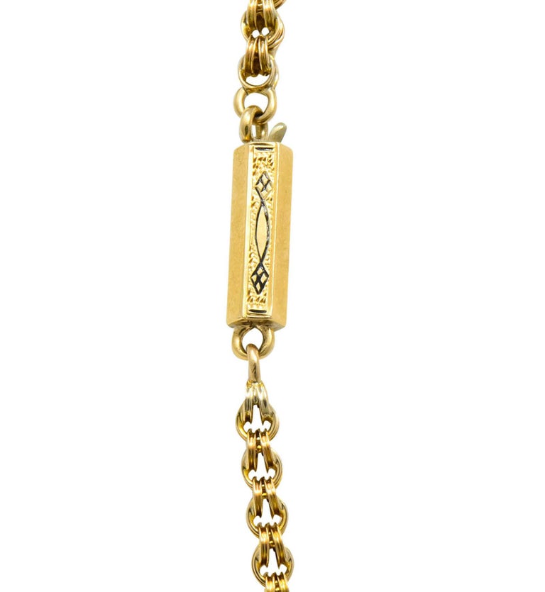 Victorian Enamel 10 Karat Gold Barrel Clasp Long Chain Necklace at 1stDibs