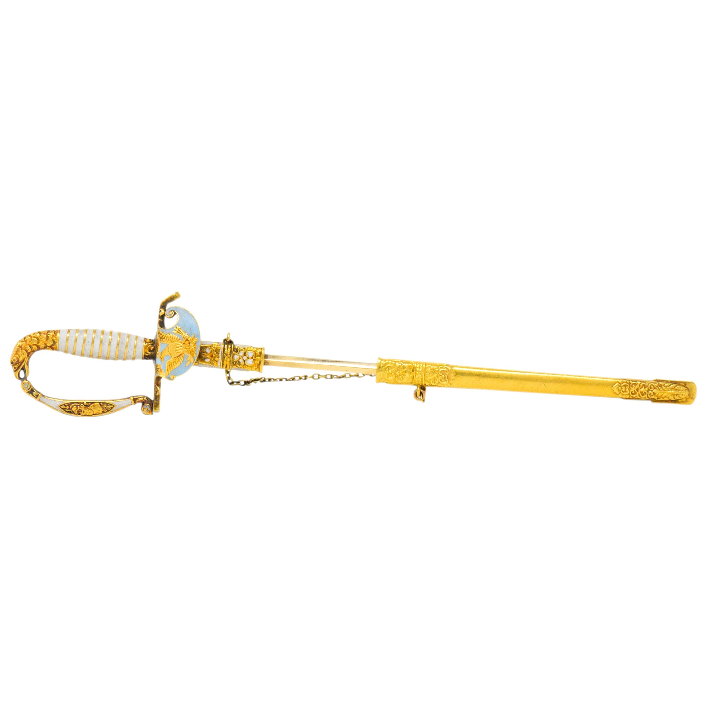 Victorian Enamel 14 Karat and 18 Karat Gold Sword Unisex Jabot Pin