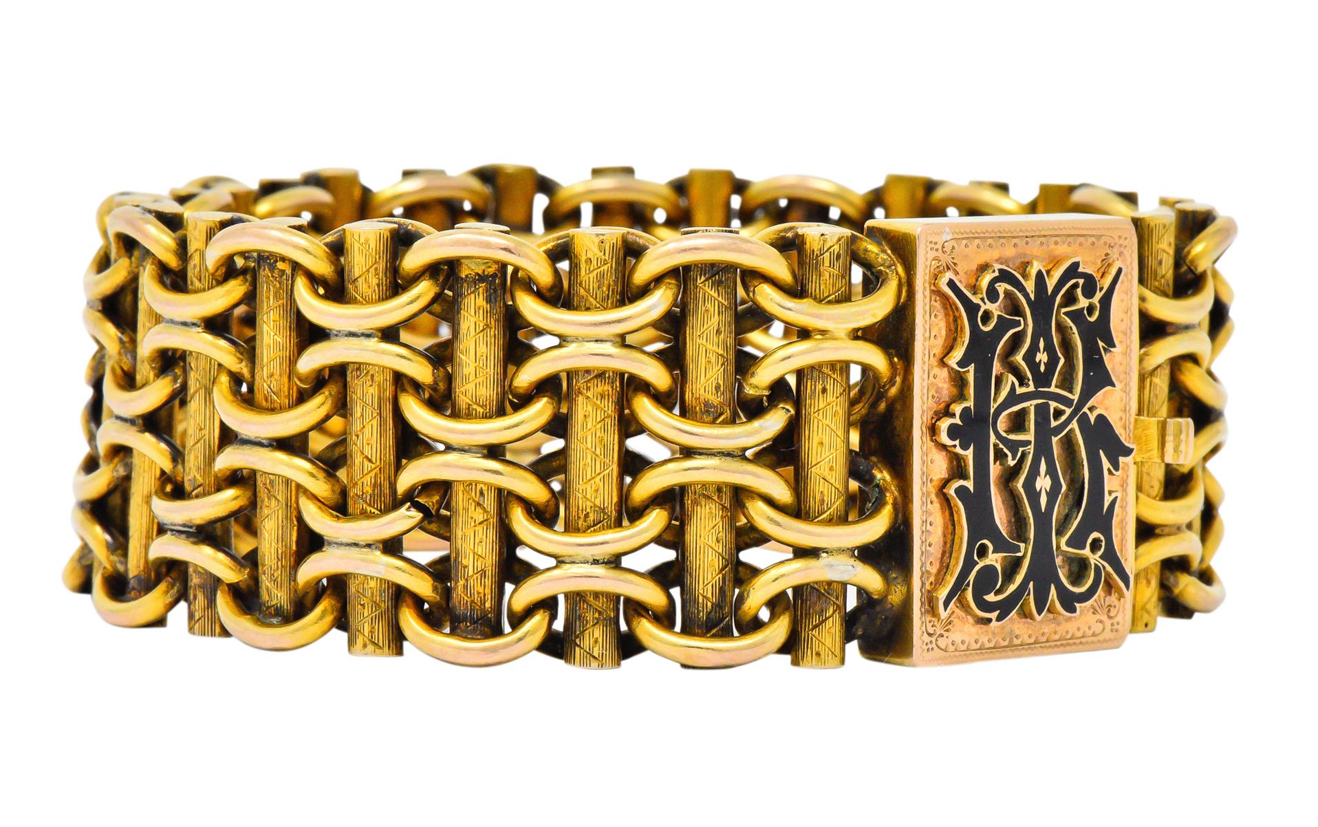 Victorian Enamel 14 Karat Gold Wide Link Bracelet In Excellent Condition In Philadelphia, PA