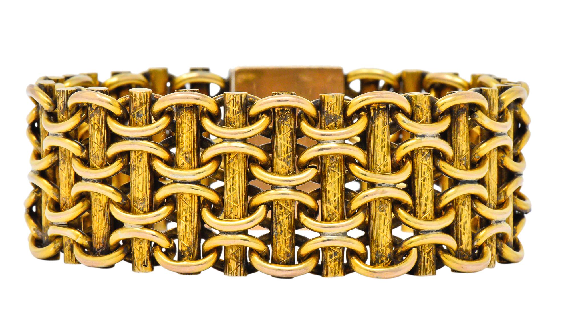 Women's or Men's Victorian Enamel 14 Karat Gold Wide Link Bracelet