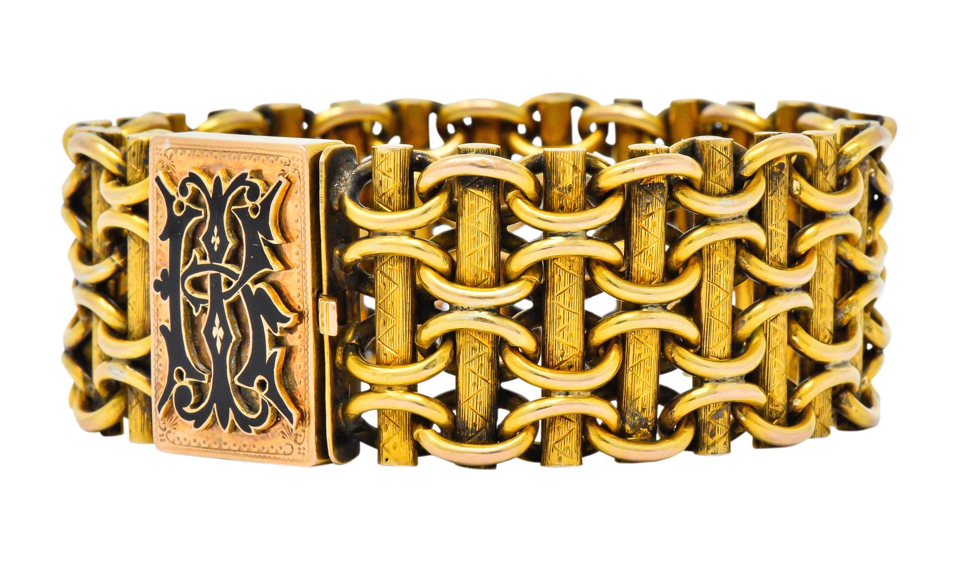 Victorian Enamel 14 Karat Gold Wide Link Bracelet 1