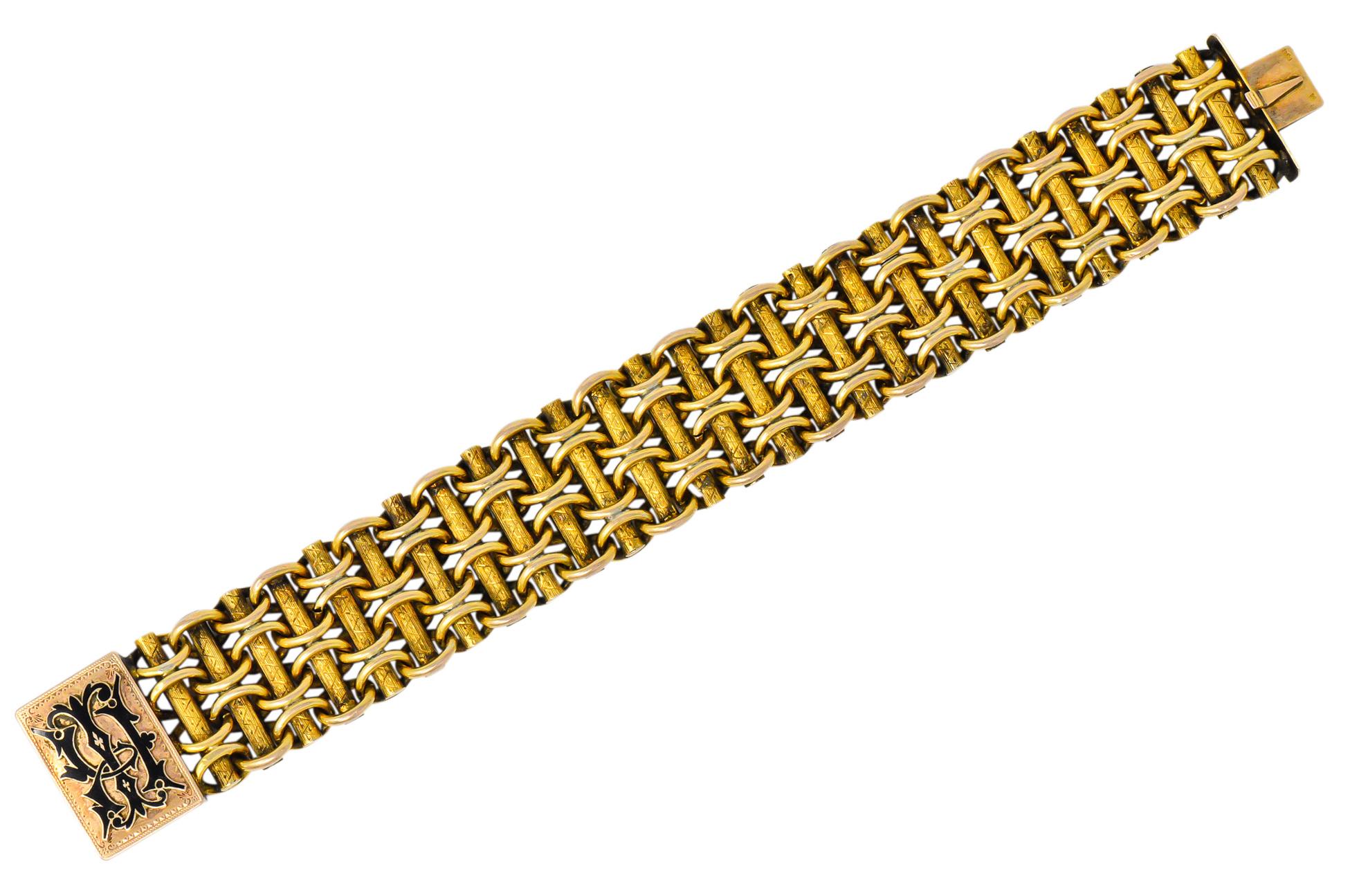 Victorian Enamel 14 Karat Gold Wide Link Bracelet 3