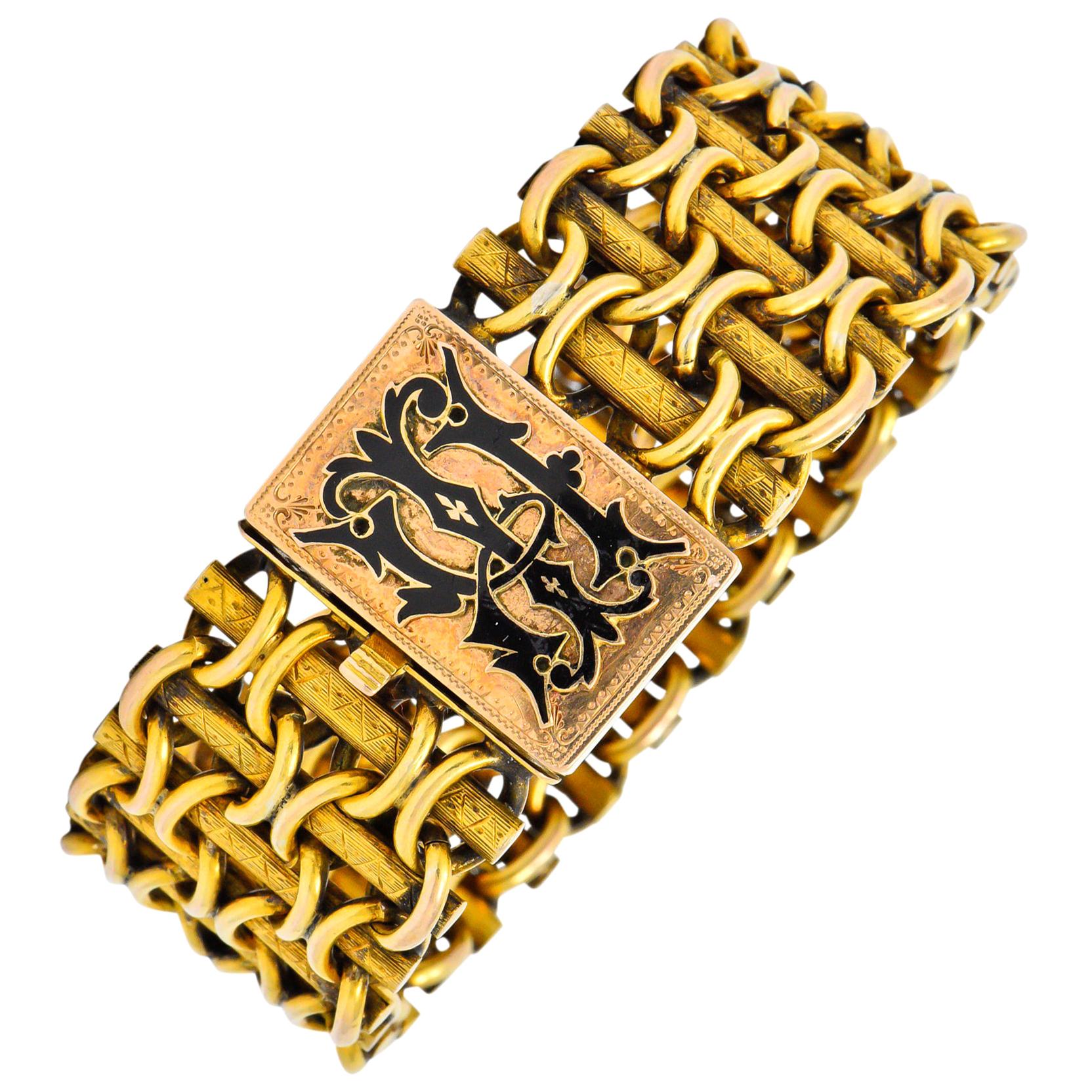 Victorian Enamel 14 Karat Gold Wide Link Bracelet