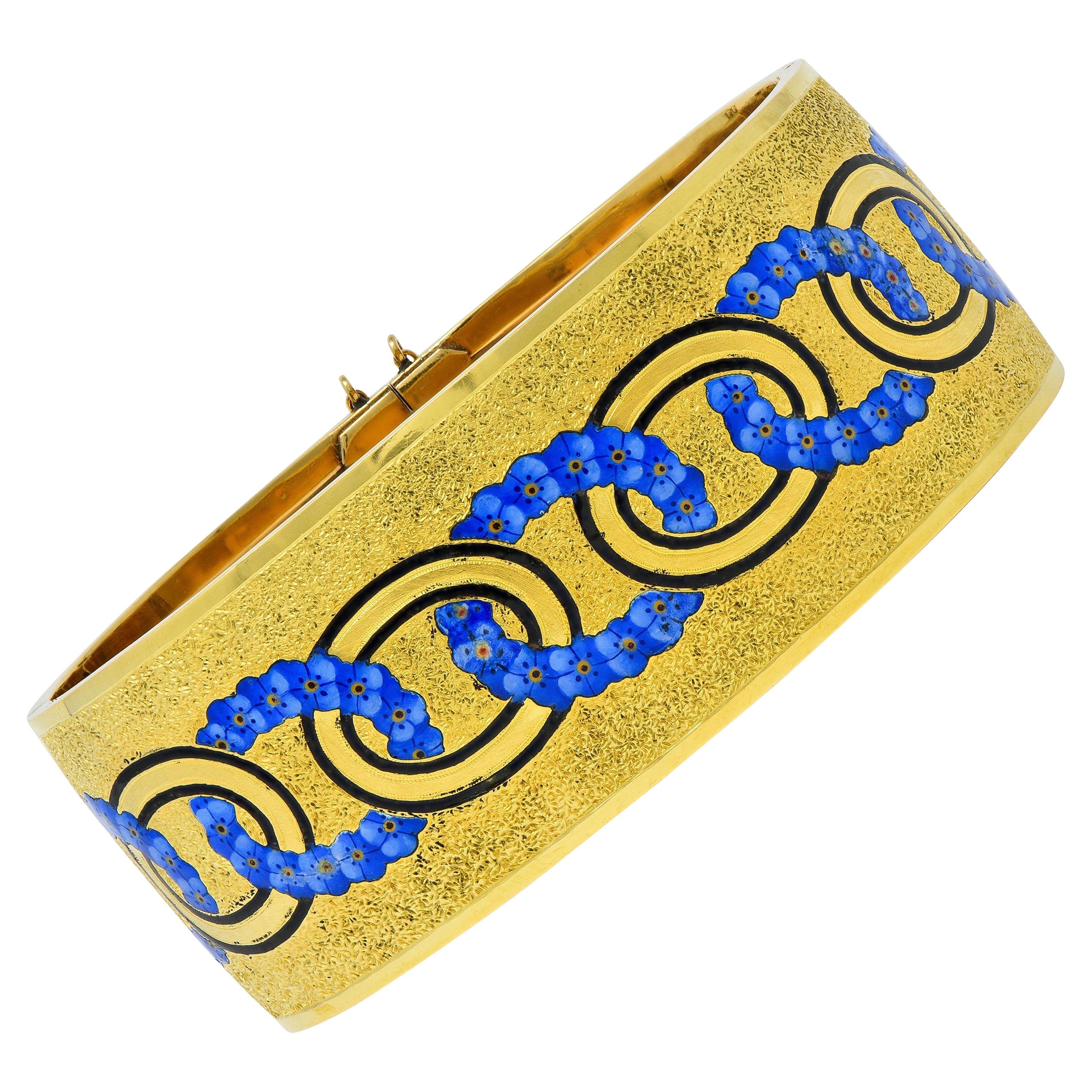 Bracelet en or jaune 18 carats à l'ancienne avec émail victorien et myosotis en vente