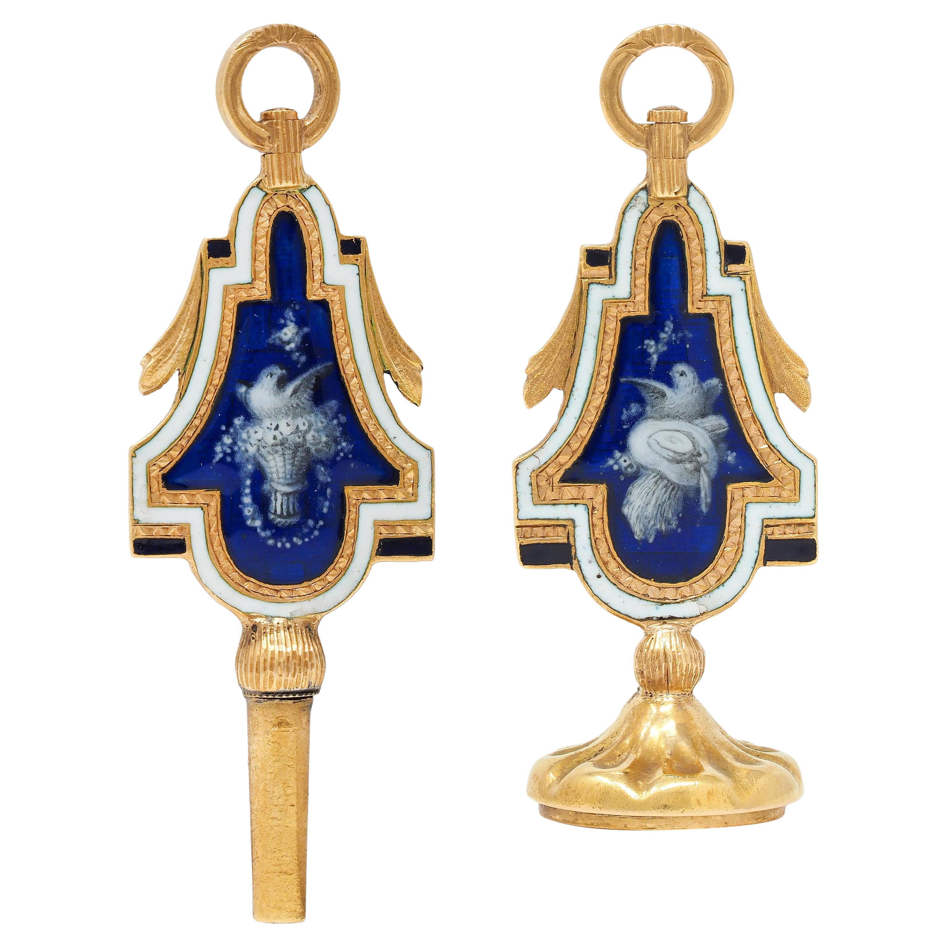 Victorian Enamel 18 Karat Yellow Gold Bird Antique Fob Pendant Set For Sale