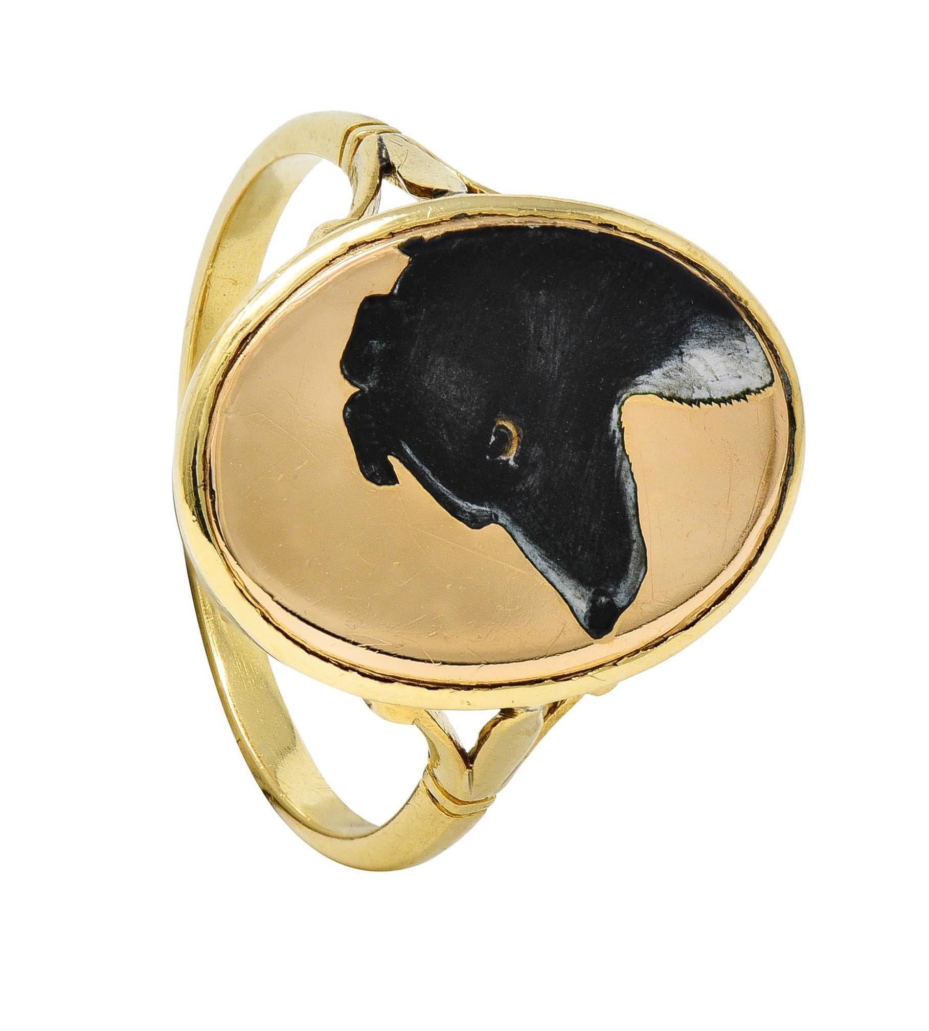 Victorian Enamel 18 Karat Yellow Gold Border Collie Dog Antique Signet Ring 8