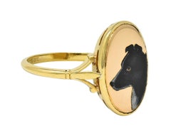 Victorian Enamel 18 Karat Yellow Gold Border Collie Dog Antique Signet Ring