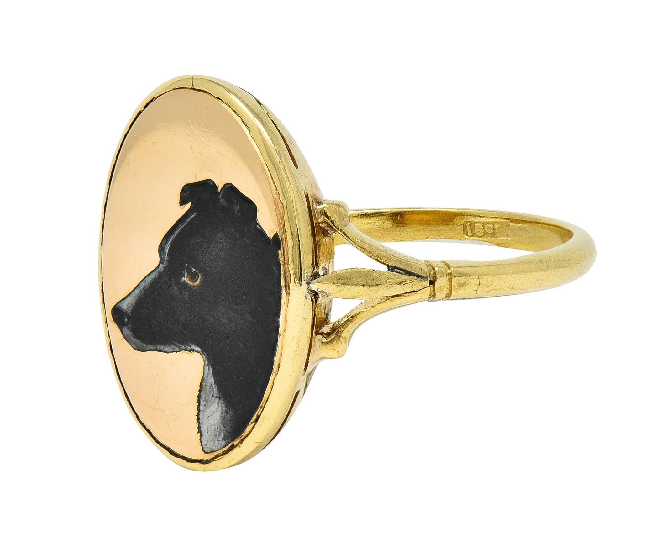 Victorian Enamel 18 Karat Yellow Gold Border Collie Dog Antique Signet Ring 3