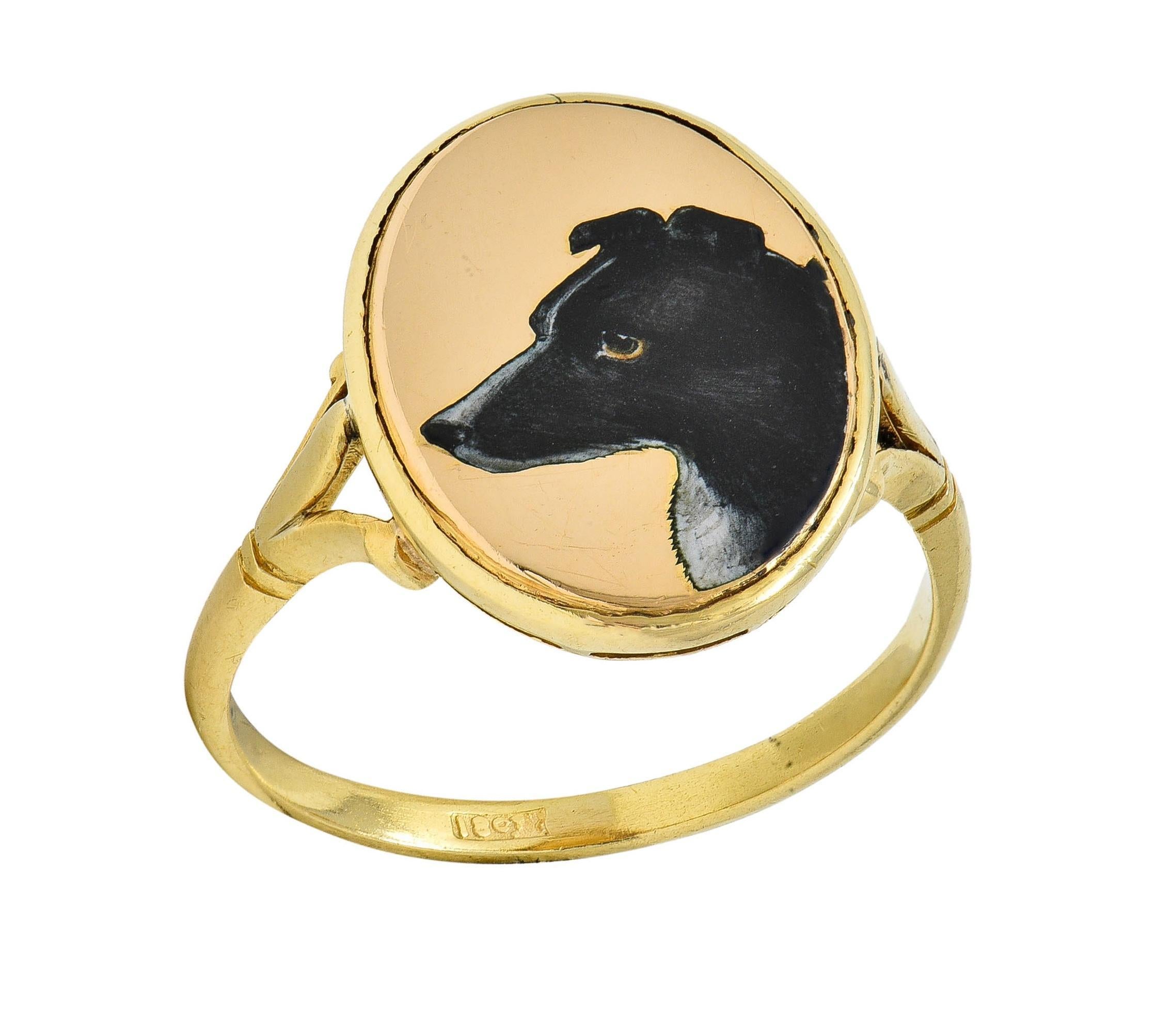 Victorian Enamel 18 Karat Yellow Gold Border Collie Dog Antique Signet Ring 5