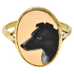 Victorian Enamel 18 Karat Yellow Gold Border Collie Dog Antique Signet Ring