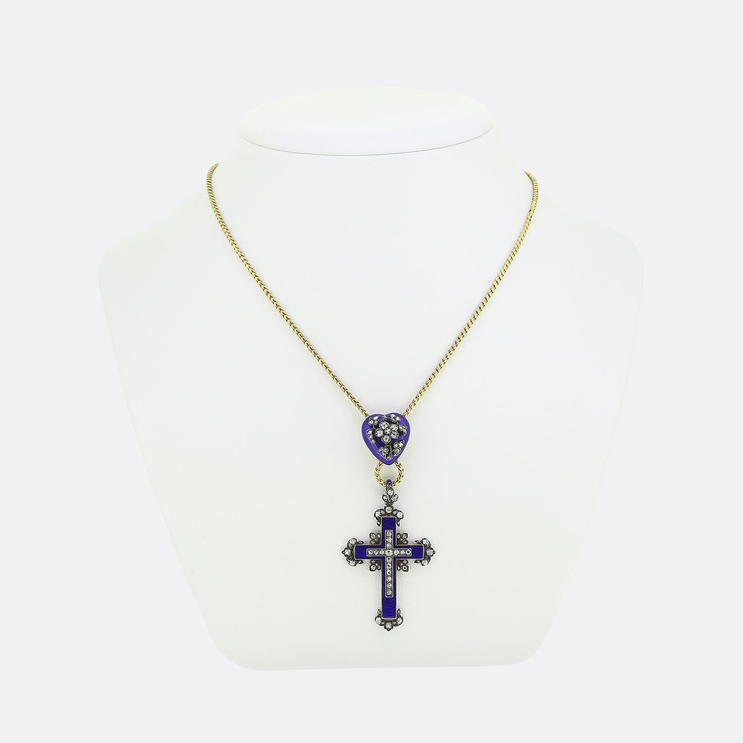 Here we have a gorgeous Victorian necklace featuring a striking cross pendant. The pendant is adorned with shimmering rose cut diamonds at the centre and chunky old cut diamonds around the outer edge. The backdrop of the cross is accented by deep