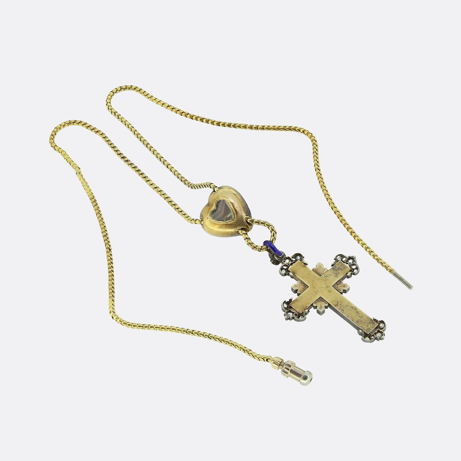 Old Mine Cut Victorian Enamel and Diamond Cross and Heart Pendant Necklace For Sale