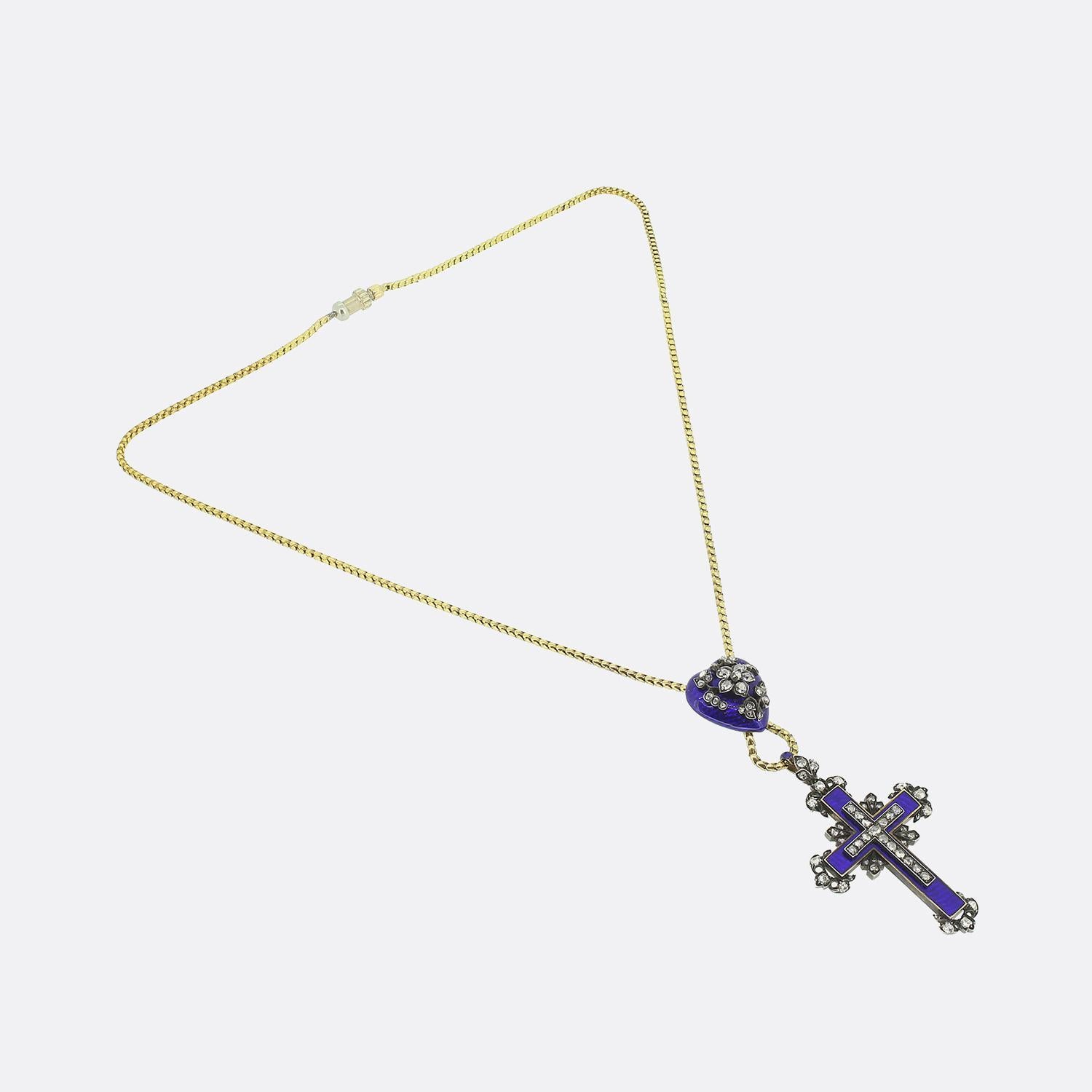 Victorian Enamel and Diamond Cross and Heart Pendant Necklace In Good Condition For Sale In London, GB