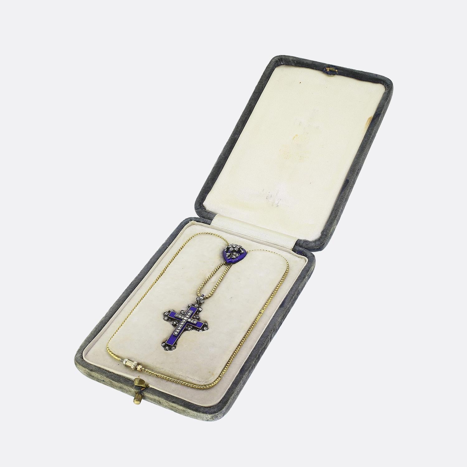 Women's or Men's Victorian Enamel and Diamond Cross and Heart Pendant Necklace For Sale