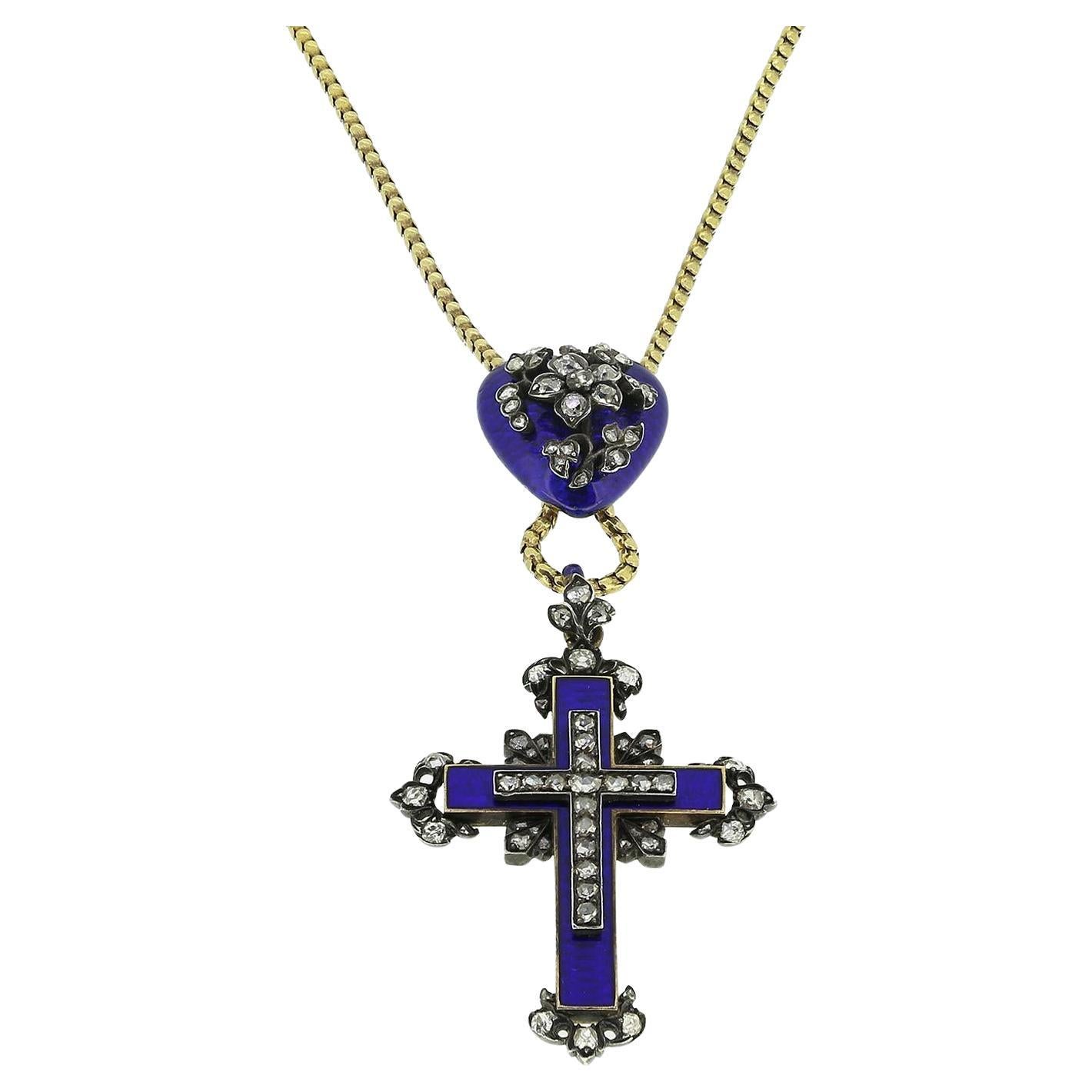 Victorian Enamel and Diamond Cross and Heart Pendant Necklace For Sale
