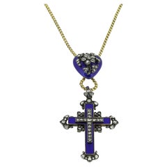 Antique Victorian Enamel and Diamond Cross and Heart Pendant Necklace