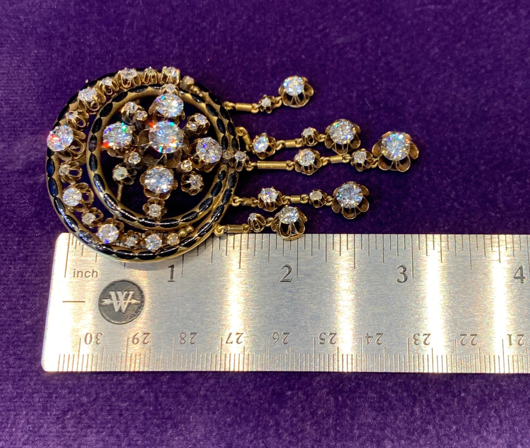 Victorian Enamel and Diamond Fringe Brooch In Excellent Condition For Sale In New York, NY