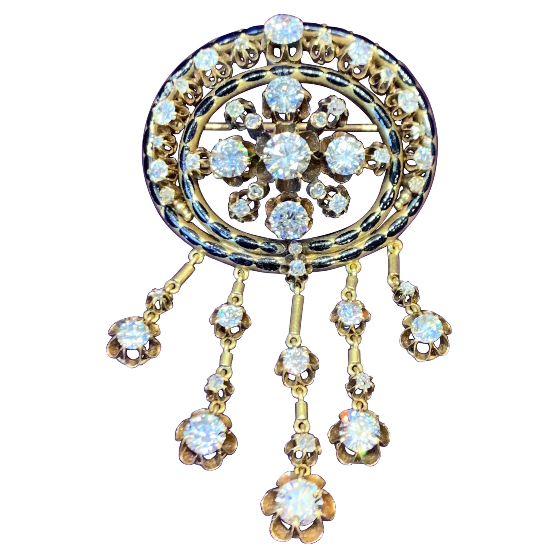 Victorian Enamel and Diamond Fringe Brooch