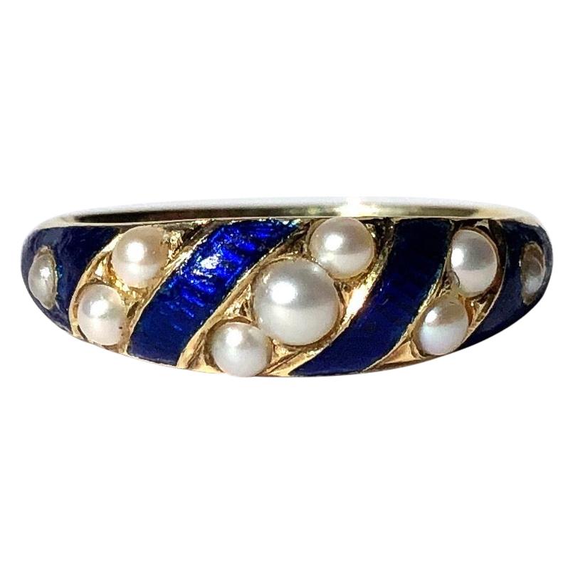 Viktorianischer Ring aus 18 Karat Gold mit Emaille und Perle