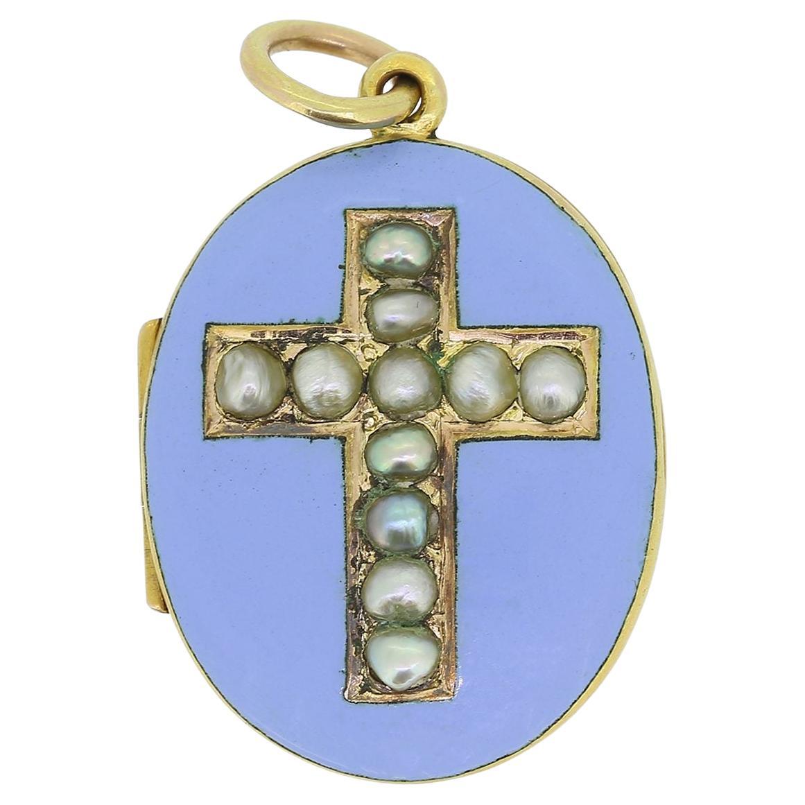 Pendentif croix et médaillon en émail et perles de l'époque victorienne