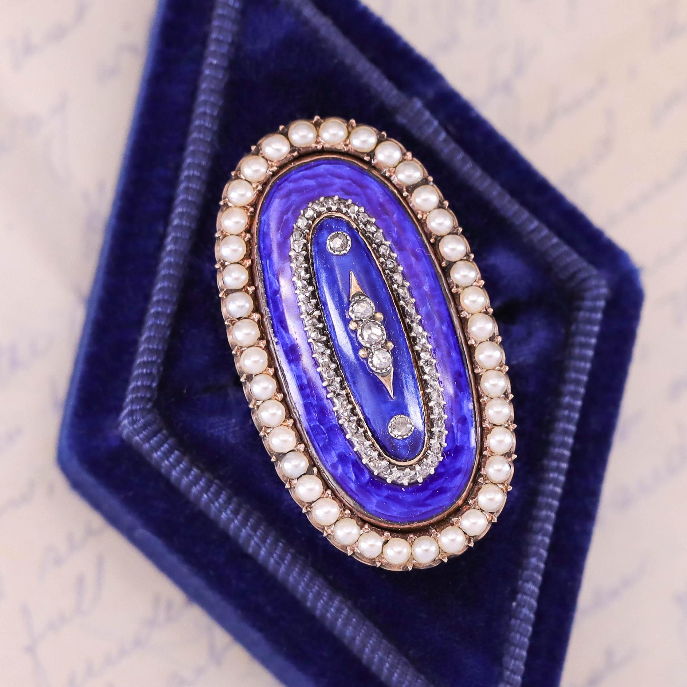Viktorianischer Emaille- und Perlenring aus 14 Karat Gold im Angebot 1