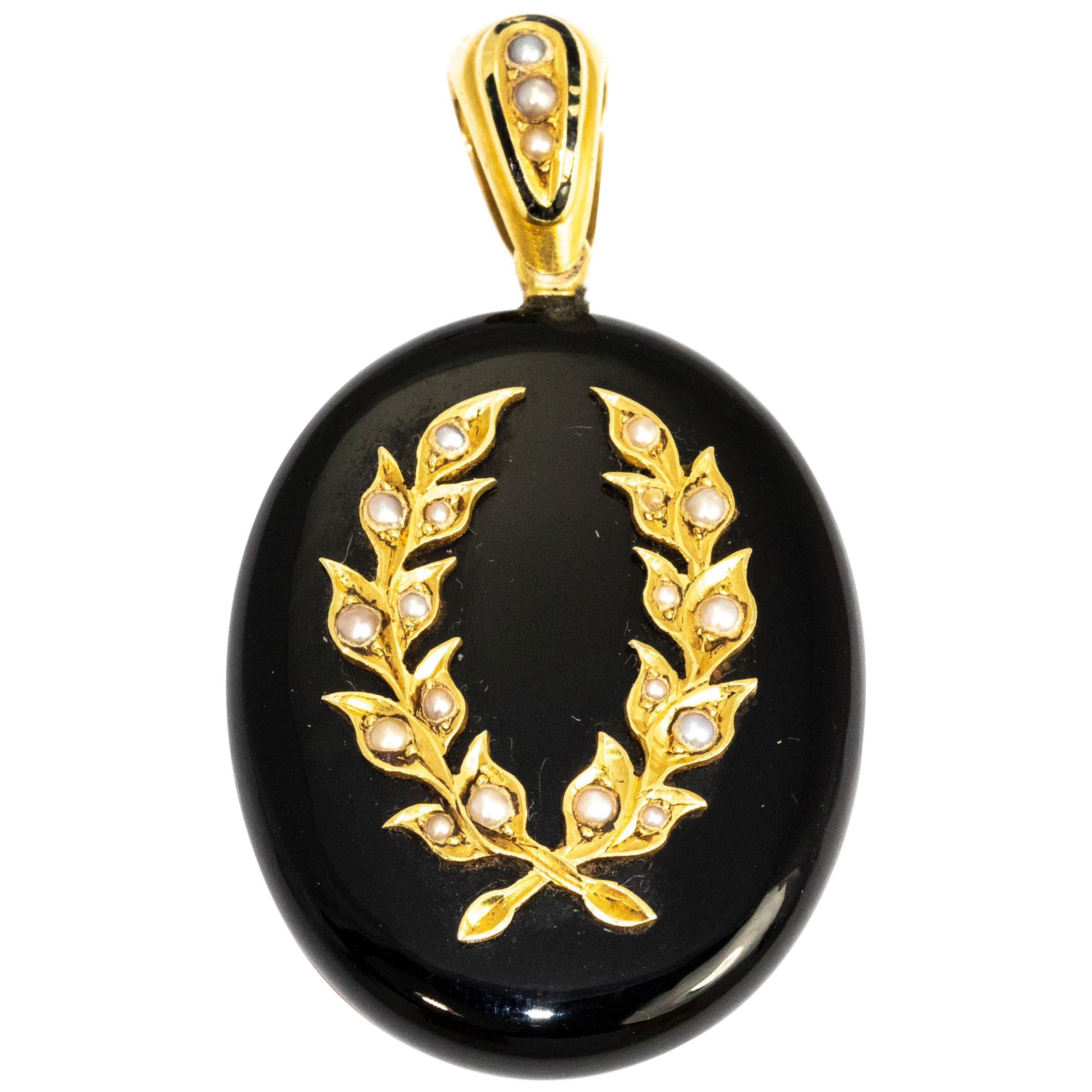 Victorian Enamel and Seed Pearl Mourning Locket