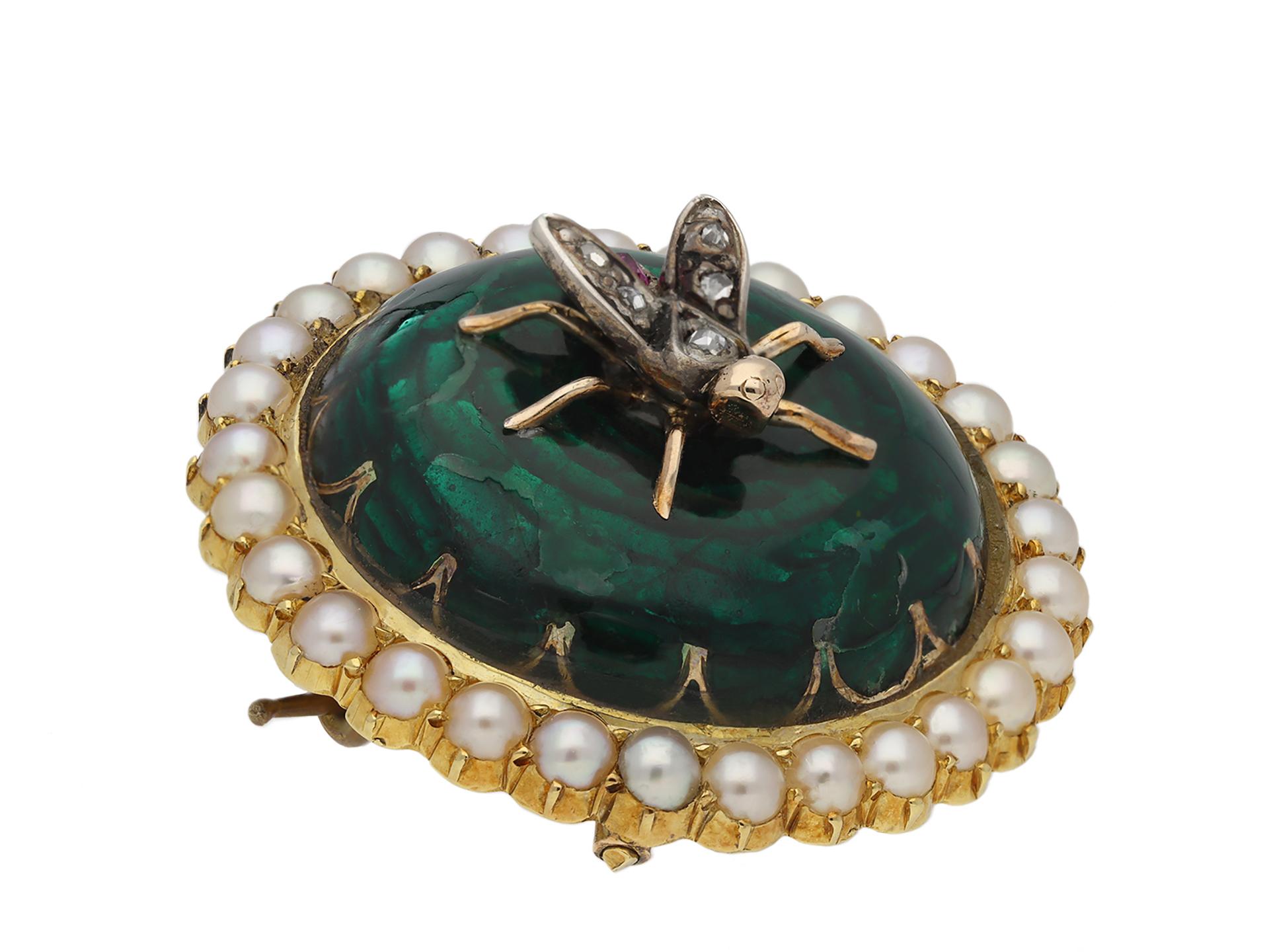 Antique enamel bug brooch. Set to centre with five round rose cut diamonds in closed back grain settings with an approximate combined weight of 0.05 carats, further set with a single round old cut ruby in a closed back grain setting with an