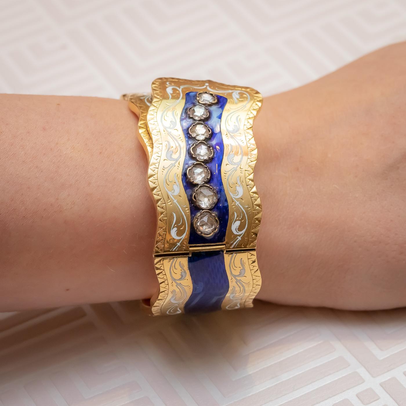 Début de l'époque victorienne Bracelet victorien en émail, diamants et or en vente