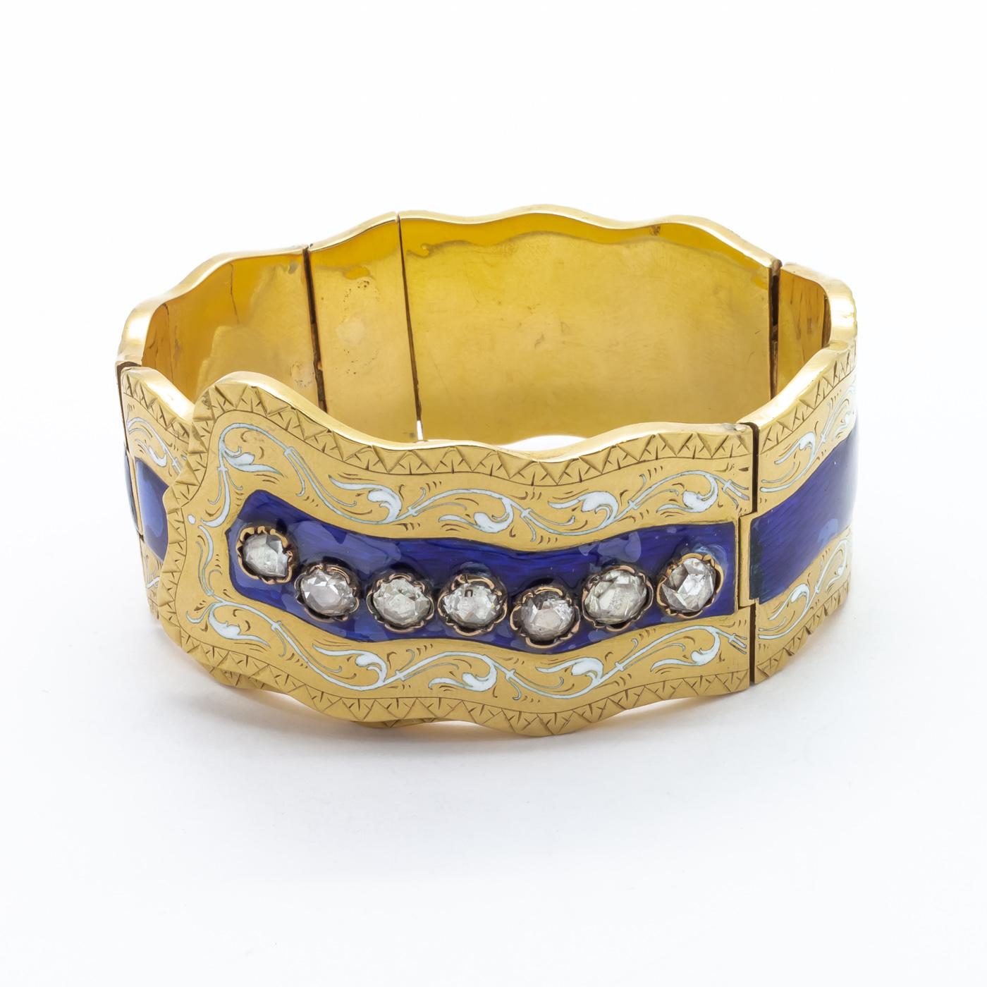 Rose Cut Victorian Enamel, Diamond and Gold Bangle Bracelet For Sale