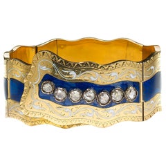 Antique Victorian Enamel, Diamond and Gold Bangle Bracelet