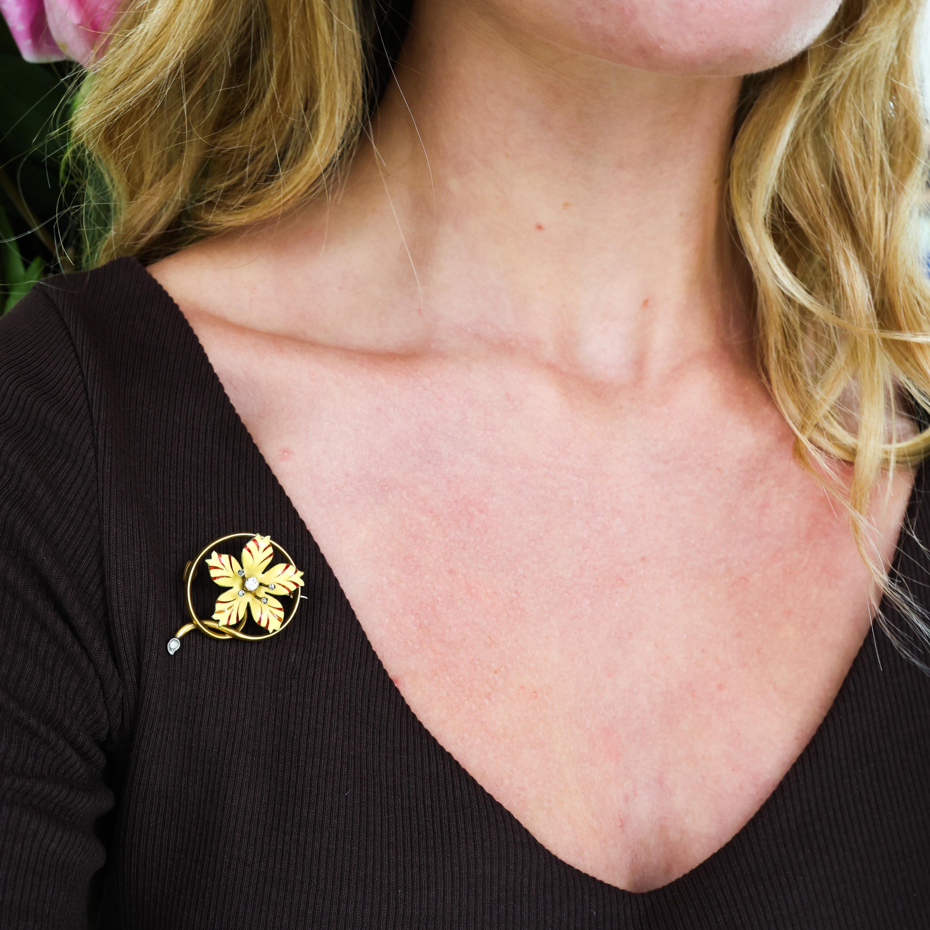Rose Cut Victorian Enamel Diamond and Gold Flower Brooch, Circa 1890 For Sale