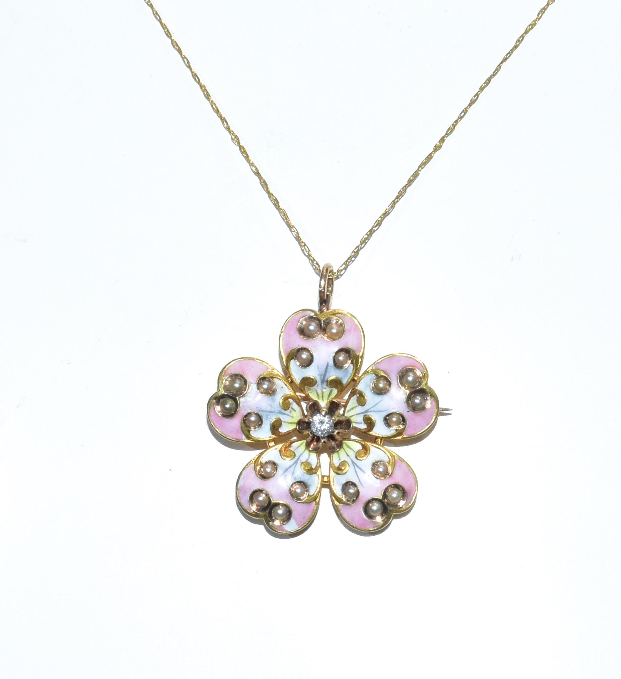 Victorian Enamel, Diamond and Natural Seed Pearl Pendant/ Brooch, circa 1890 7