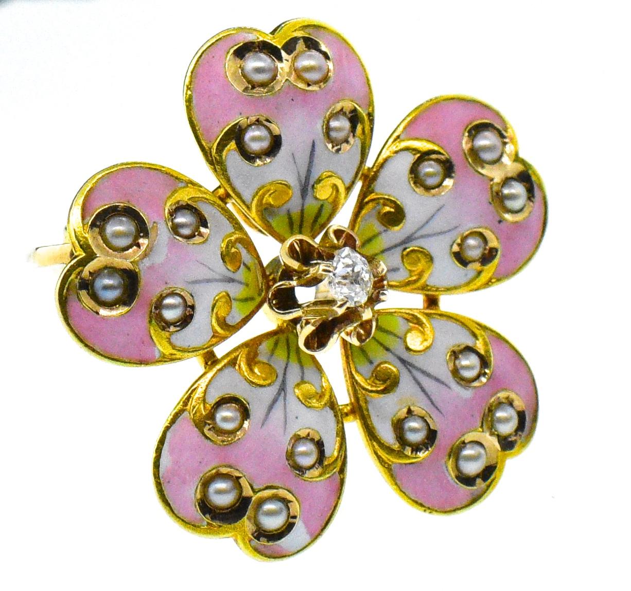 Victorian Enamel, Diamond and Natural Seed Pearl Pendant/ Brooch, circa 1890 In Good Condition In Aspen, CO