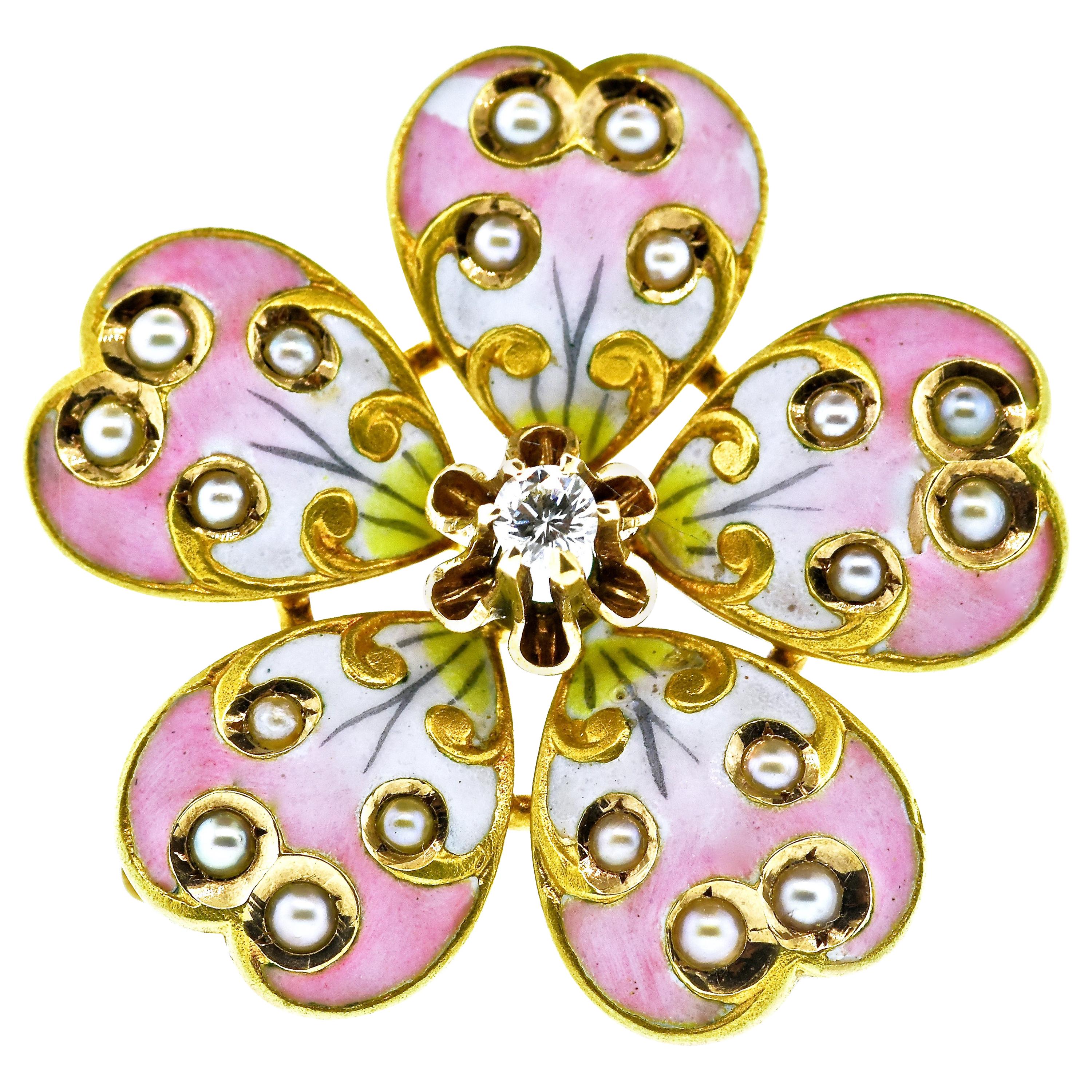 Victorian Enamel, Diamond and Natural Seed Pearl Pendant/ Brooch, circa 1890