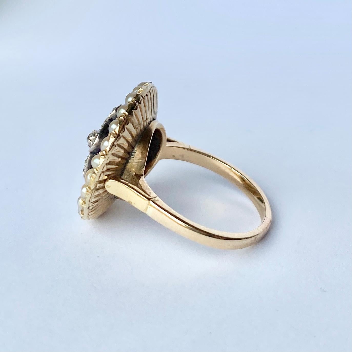 Round Cut Victorian Enamel, Diamond and Pearl 15 Carat Gold Ring