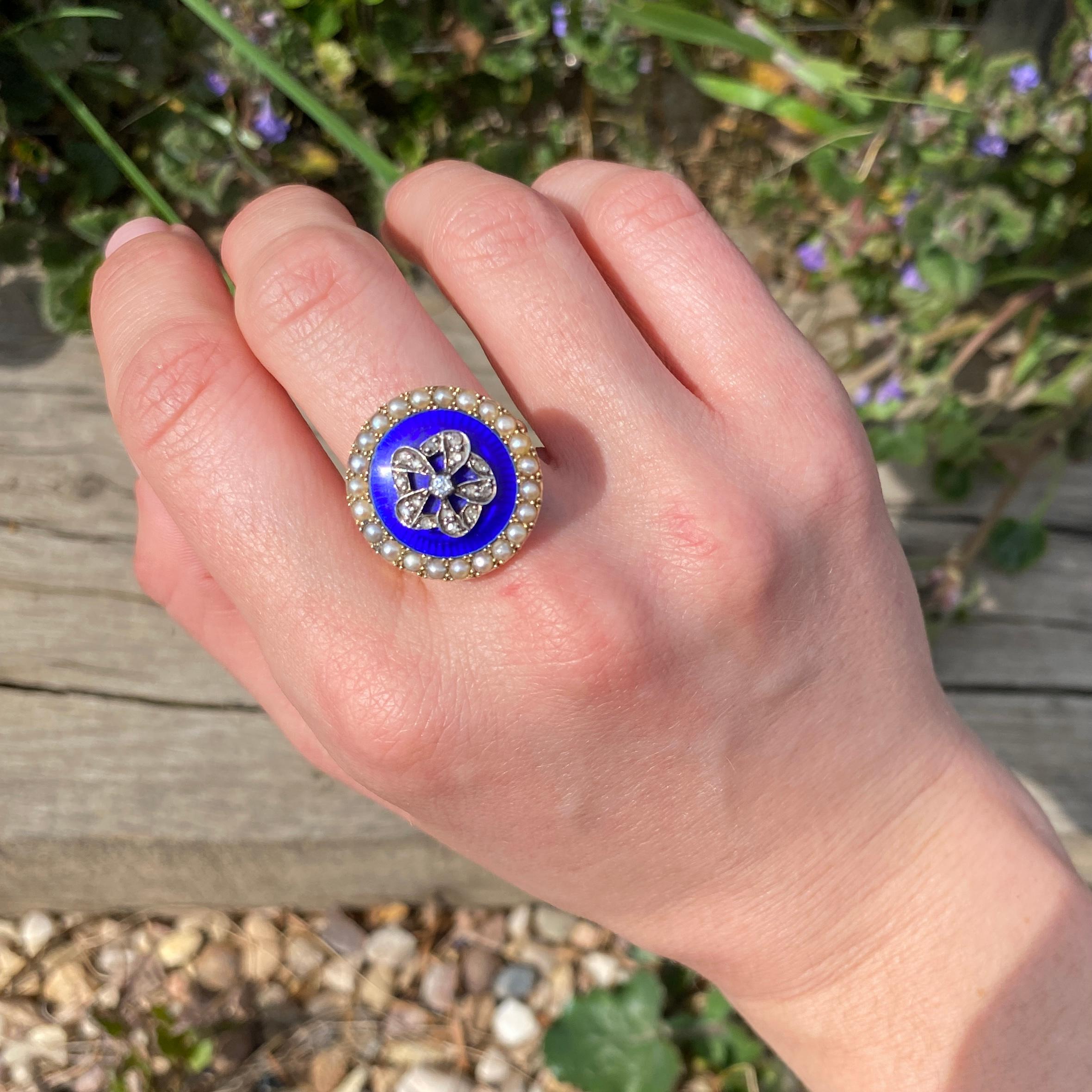 Victorian Enamel, Diamond and Pearl 15 Carat Gold Ring In Good Condition In Chipping Campden, GB