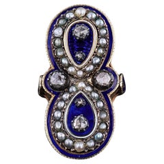Victorian Enamel Diamond and Pearl Ring of 14k Gold