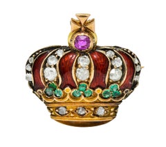Victorian Enamel Diamond Emerald Ruby 18 Karat Gold Imperial Crown Pendant Watch