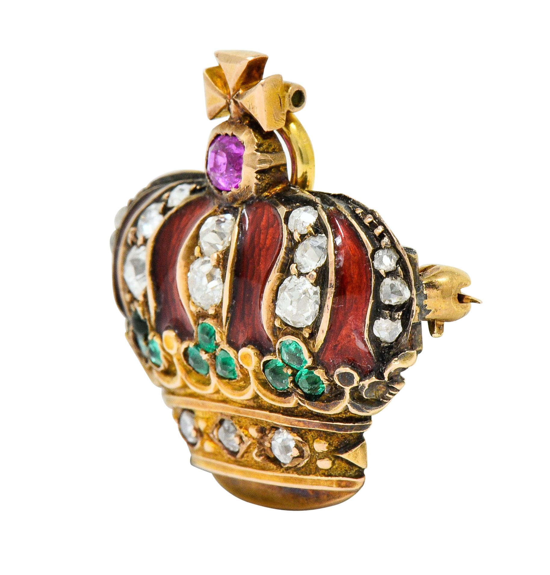 Cushion Cut Victorian Enamel Diamond Emerald Ruby 18 Karat Gold Imperial Crown Pendant Watch