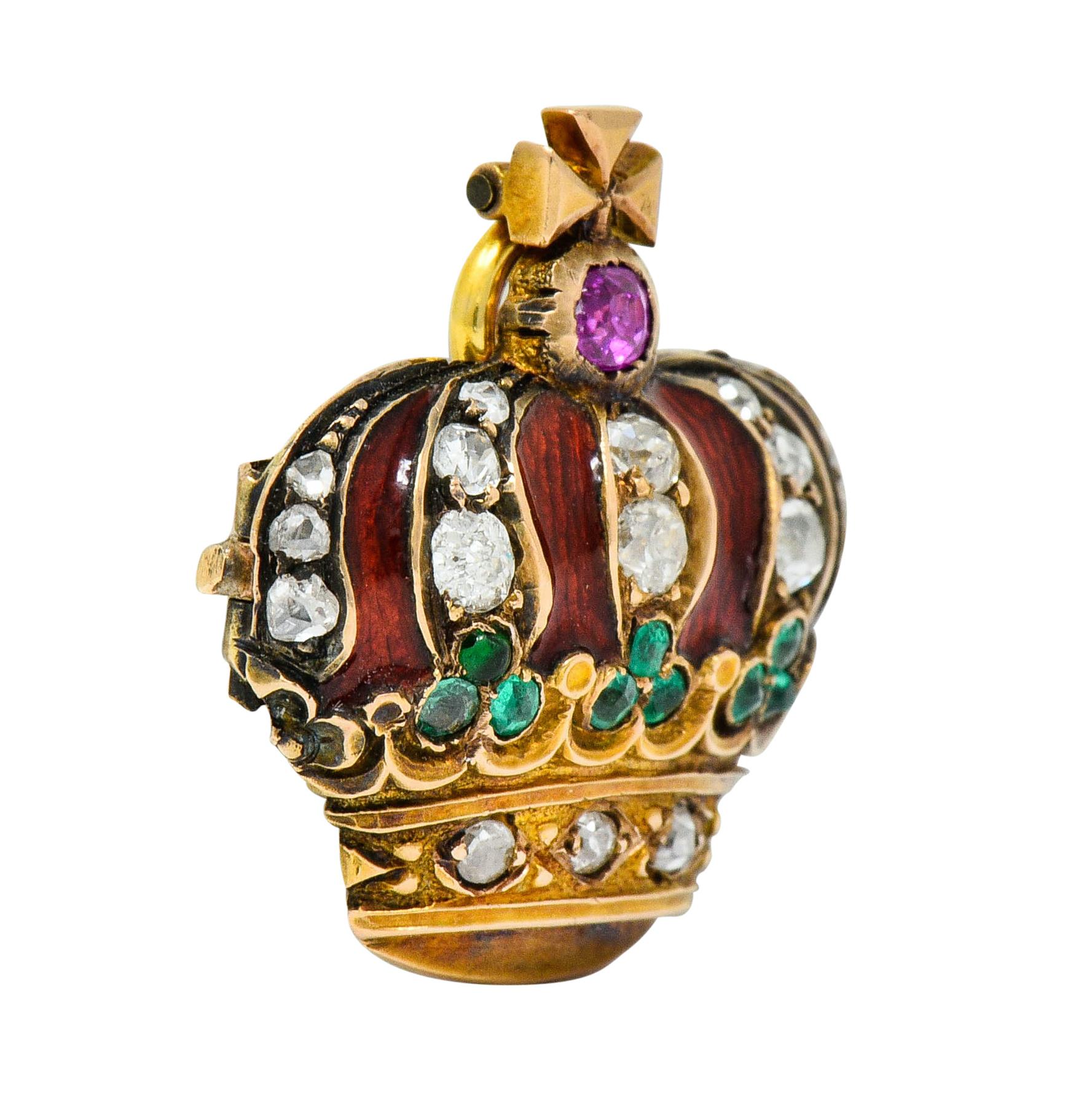 Victorian Enamel Diamond Emerald Ruby 18 Karat Gold Imperial Crown Pendant Watch In Excellent Condition In Philadelphia, PA