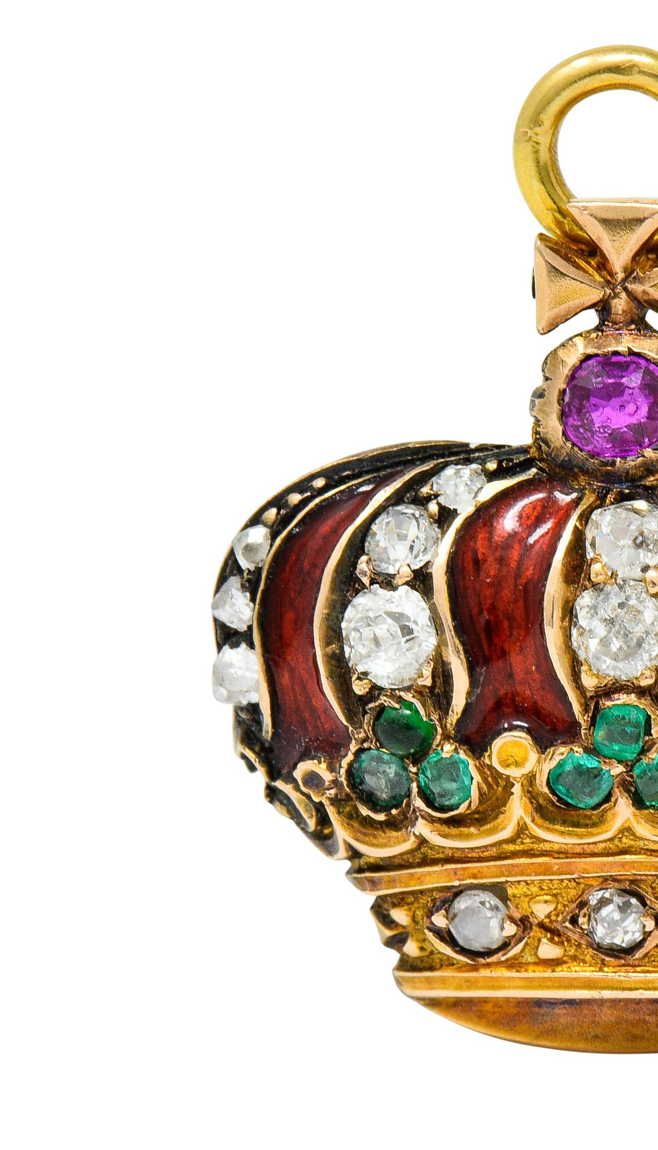 Victorian Enamel Diamond Emerald Ruby 18 Karat Gold Imperial Crown Pendant Watch 2