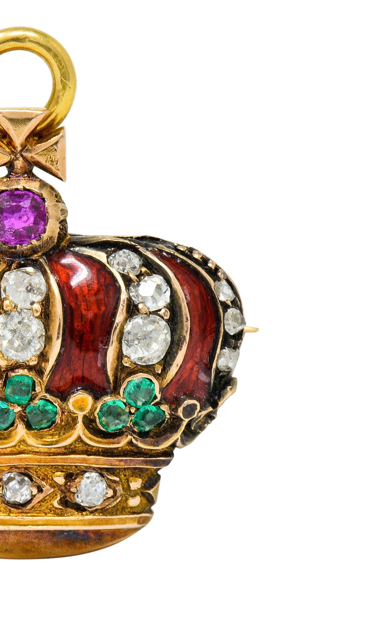 Victorian Enamel Diamond Emerald Ruby 18 Karat Gold Imperial Crown Pendant Watch 3