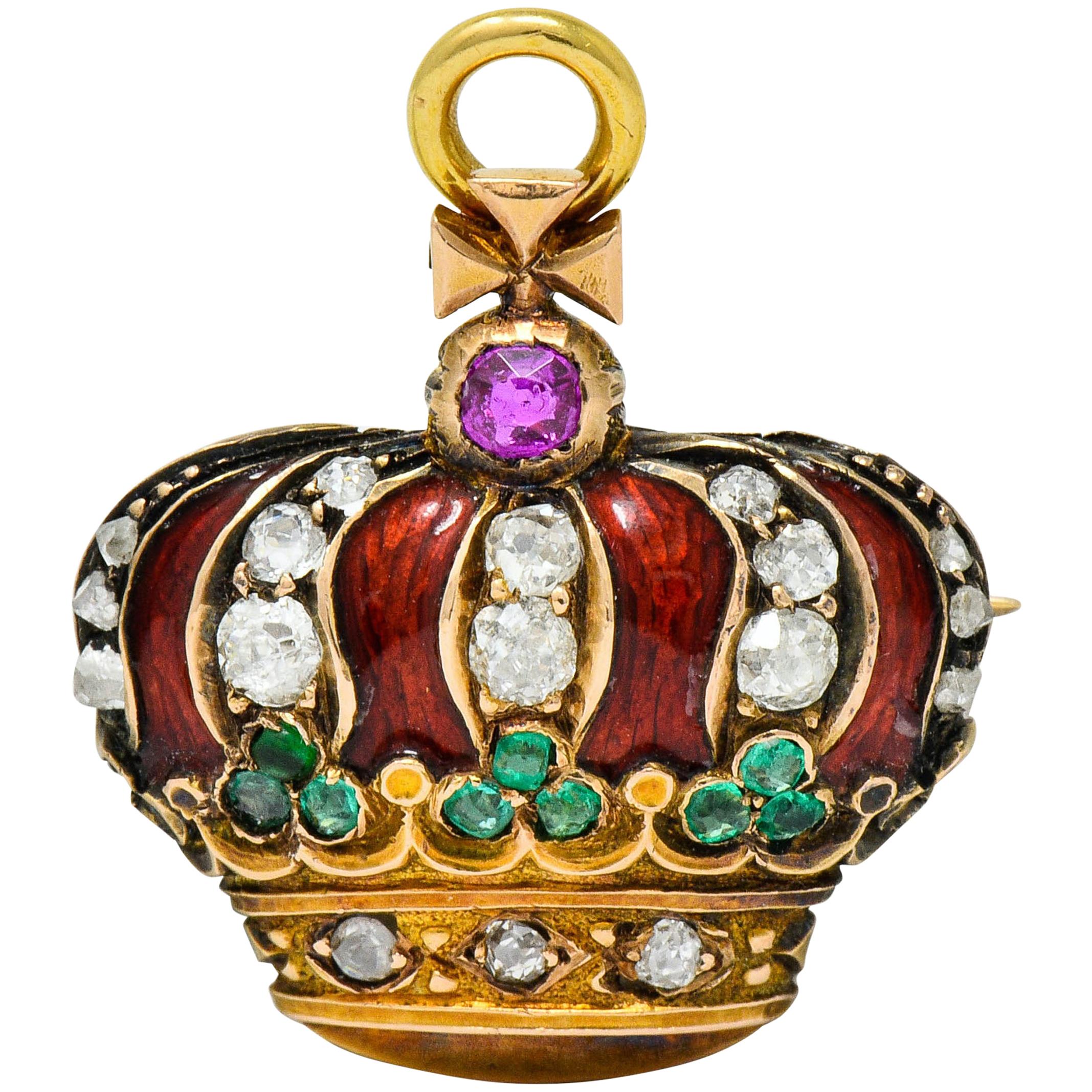 Victorian Enamel Diamond Emerald Ruby 18 Karat Gold Imperial Crown Pendant Watch