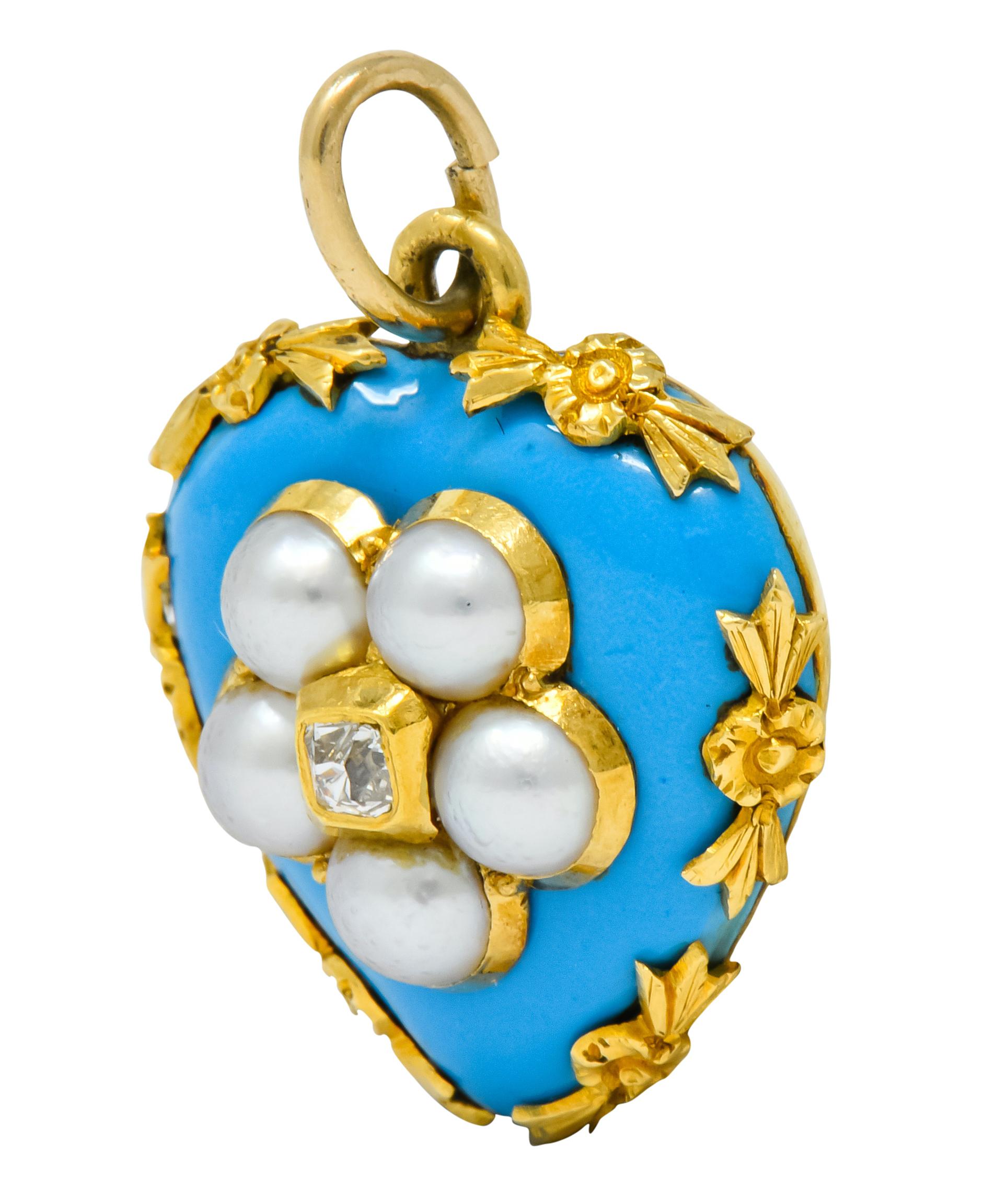 Women's or Men's Victorian Enamel Diamond Natural Pearl 18 Karat Gold Mourning Heart Pendant