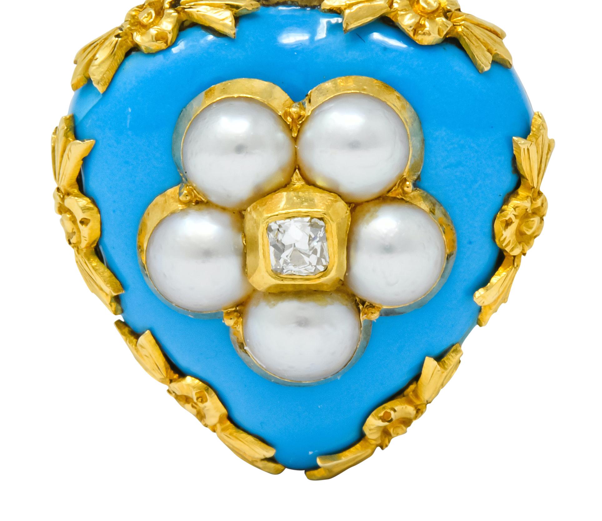 Victorian Enamel Diamond Natural Pearl 18 Karat Gold Mourning Heart Pendant 2
