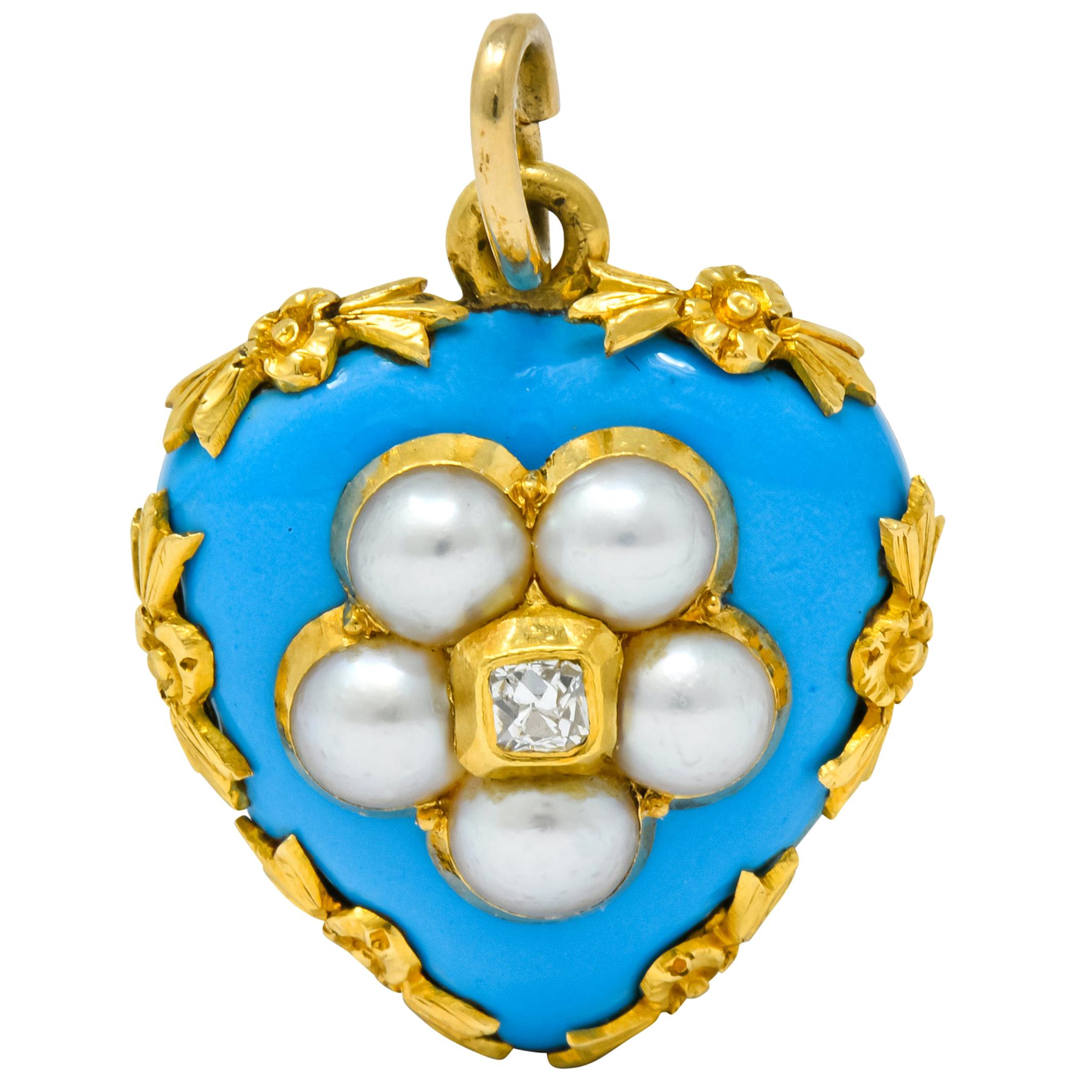 Victorian Enamel Diamond Natural Pearl 18 Karat Gold Mourning Heart Pendant