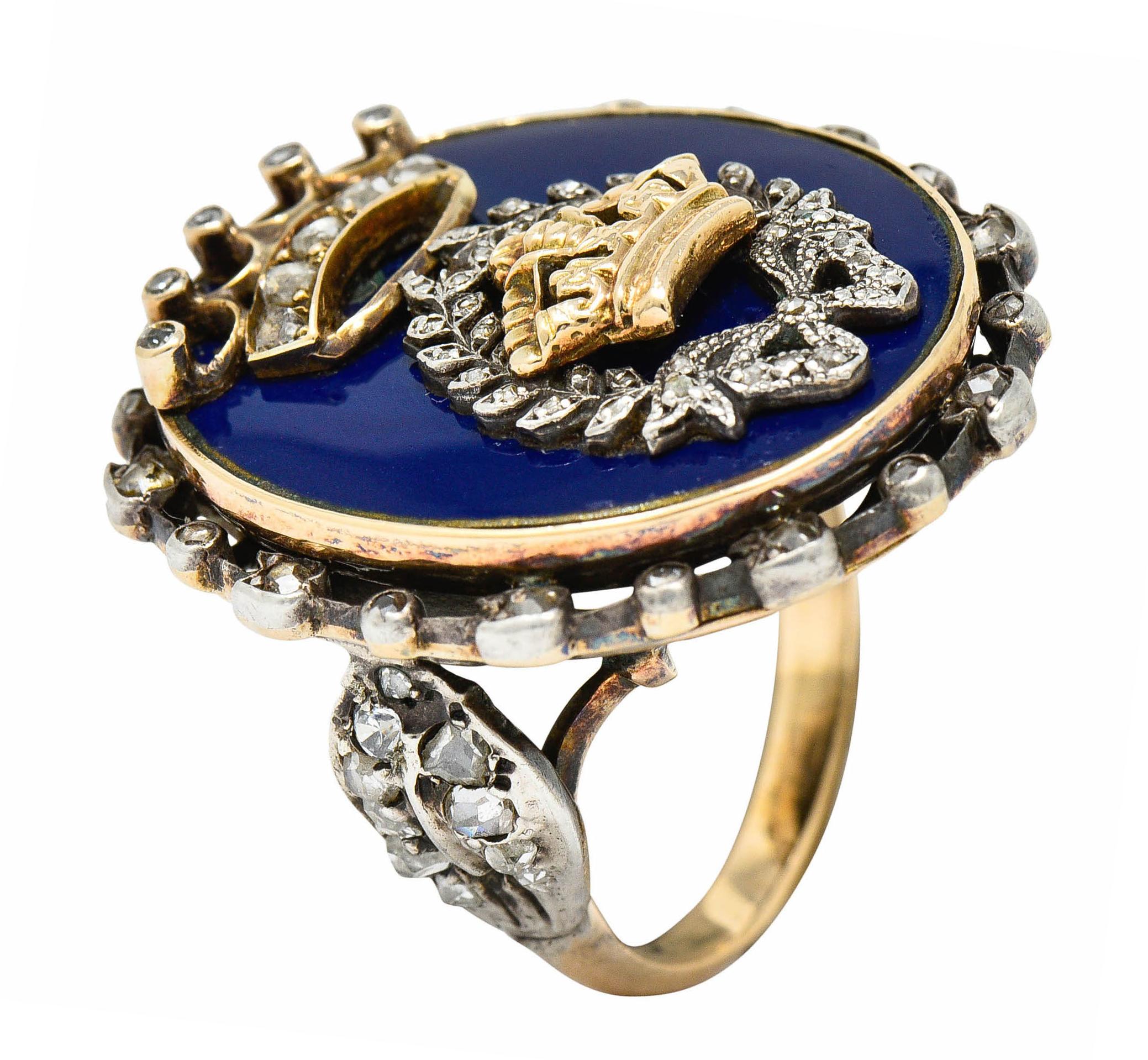 Victorian Enamel Diamond Silver-Topped 14 Karat Gold Crown Ring 3