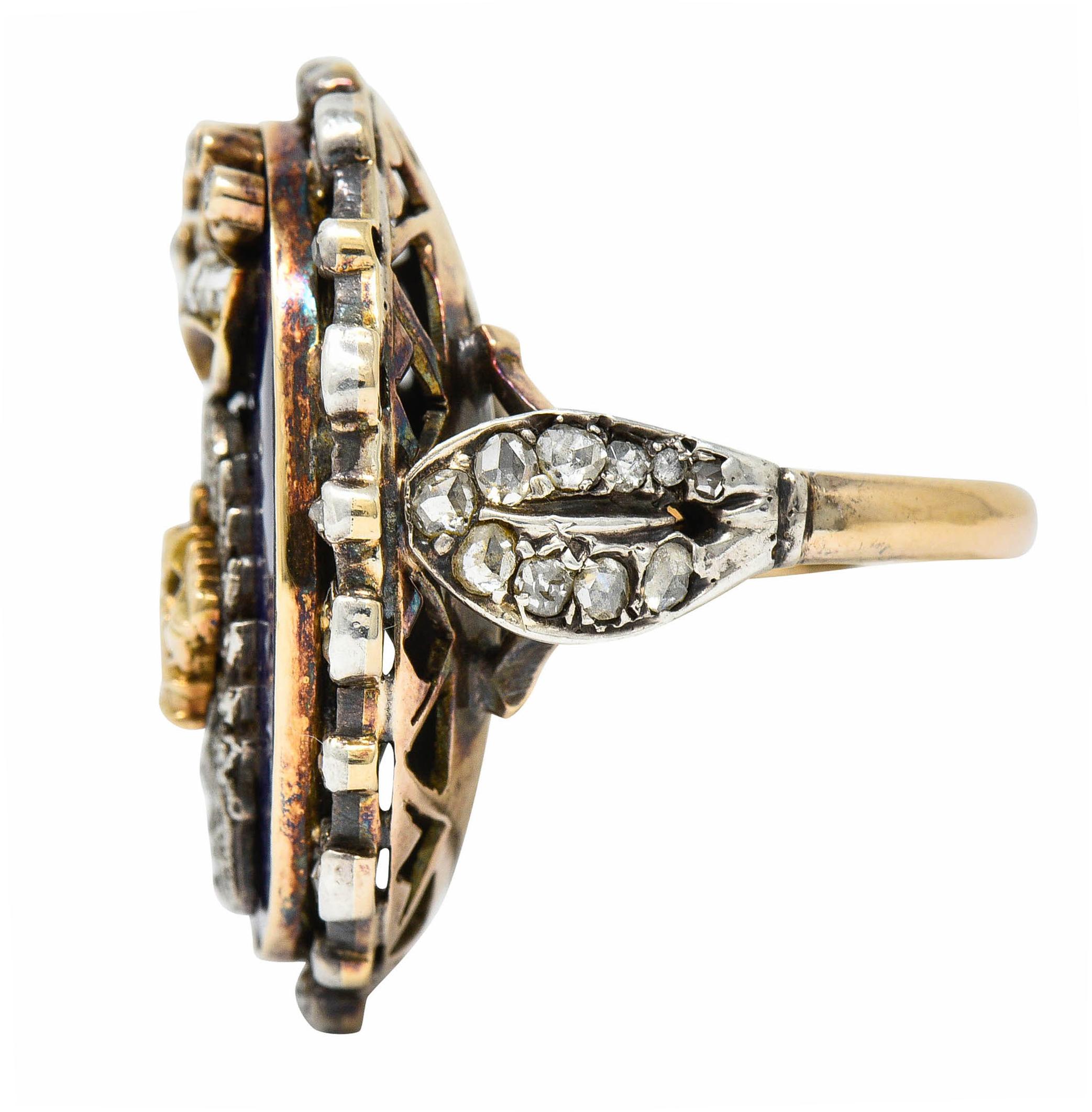 Rose Cut Victorian Enamel Diamond Silver-Topped 14 Karat Gold Crown Ring
