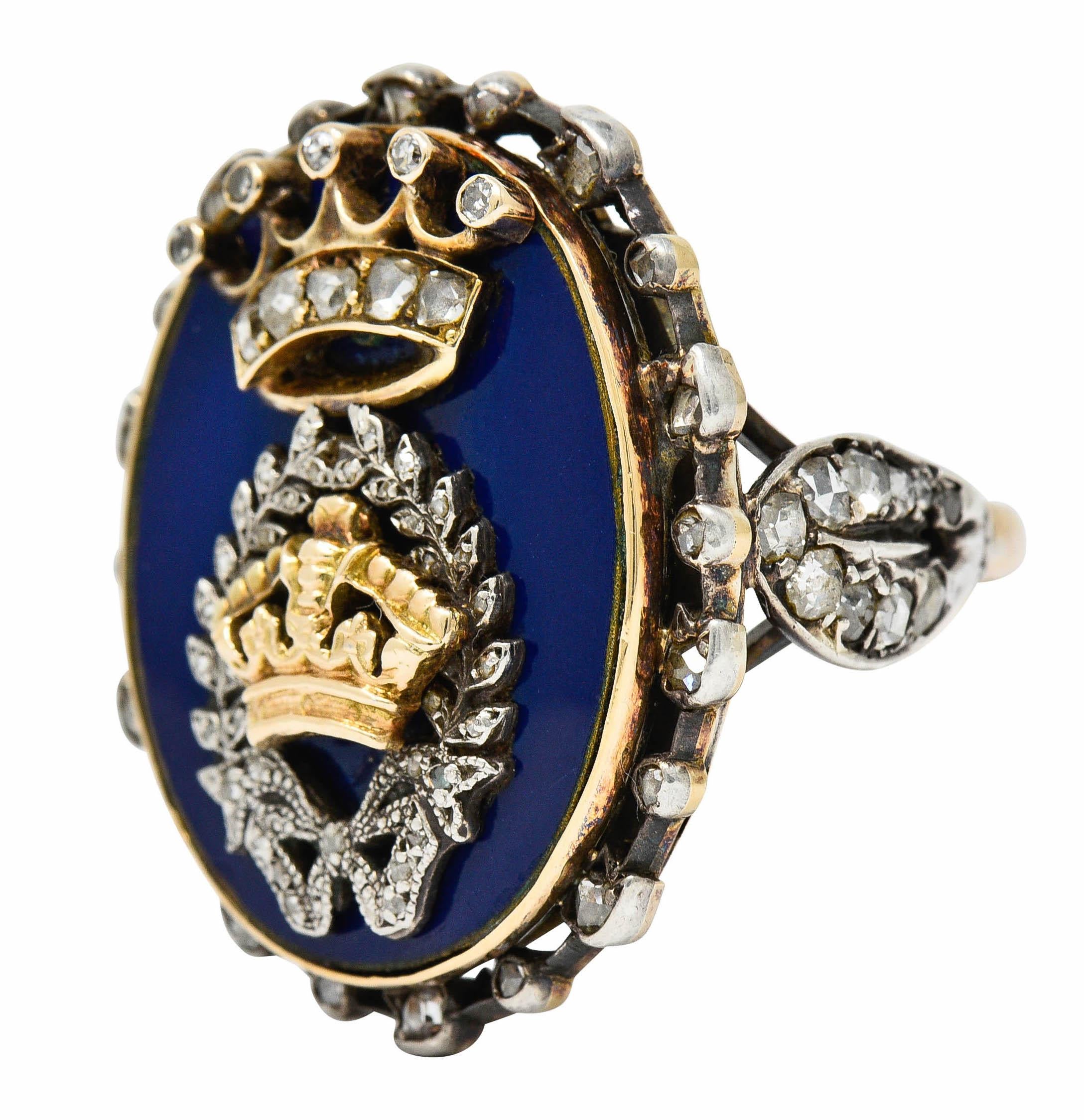 Victorian Enamel Diamond Silver-Topped 14 Karat Gold Crown Ring In Excellent Condition In Philadelphia, PA