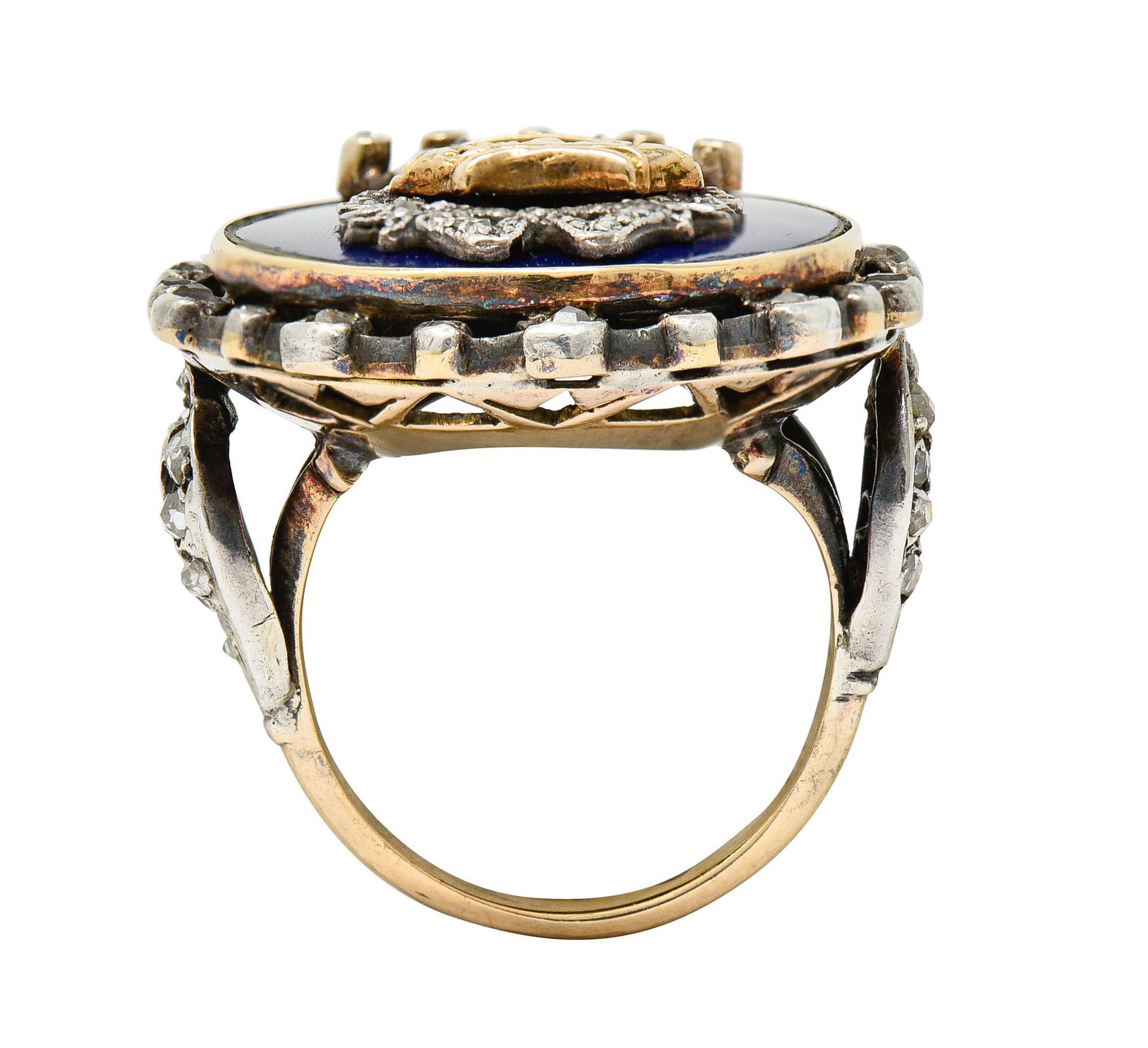 Women's or Men's Victorian Enamel Diamond Silver-Topped 14 Karat Gold Crown Ring